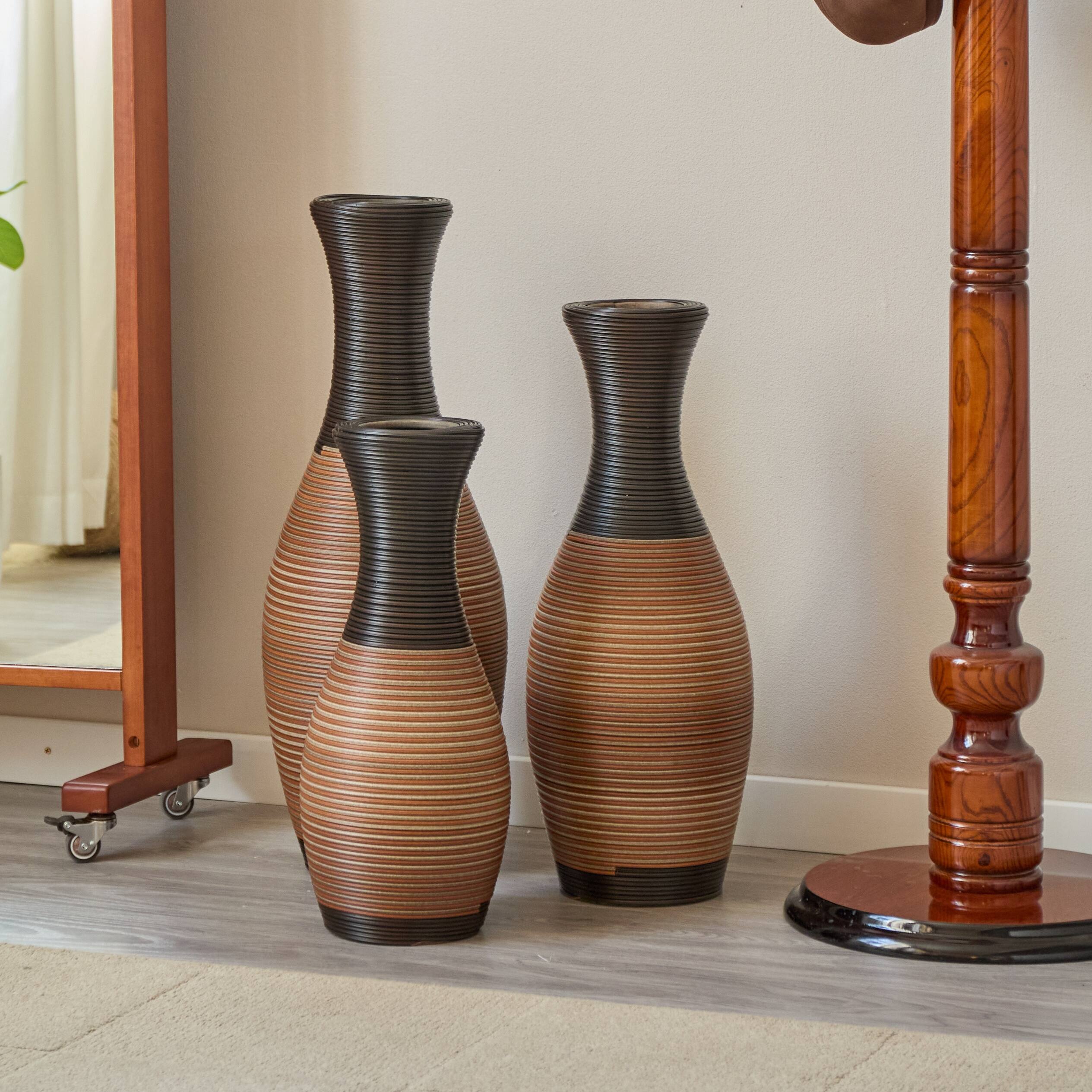 Alt View 2. Anysun - Set of 3 Designer Floor Vases - Artificial Rattan Brown Large Vases for Living Room & Corridor Decor - Brown Gray.