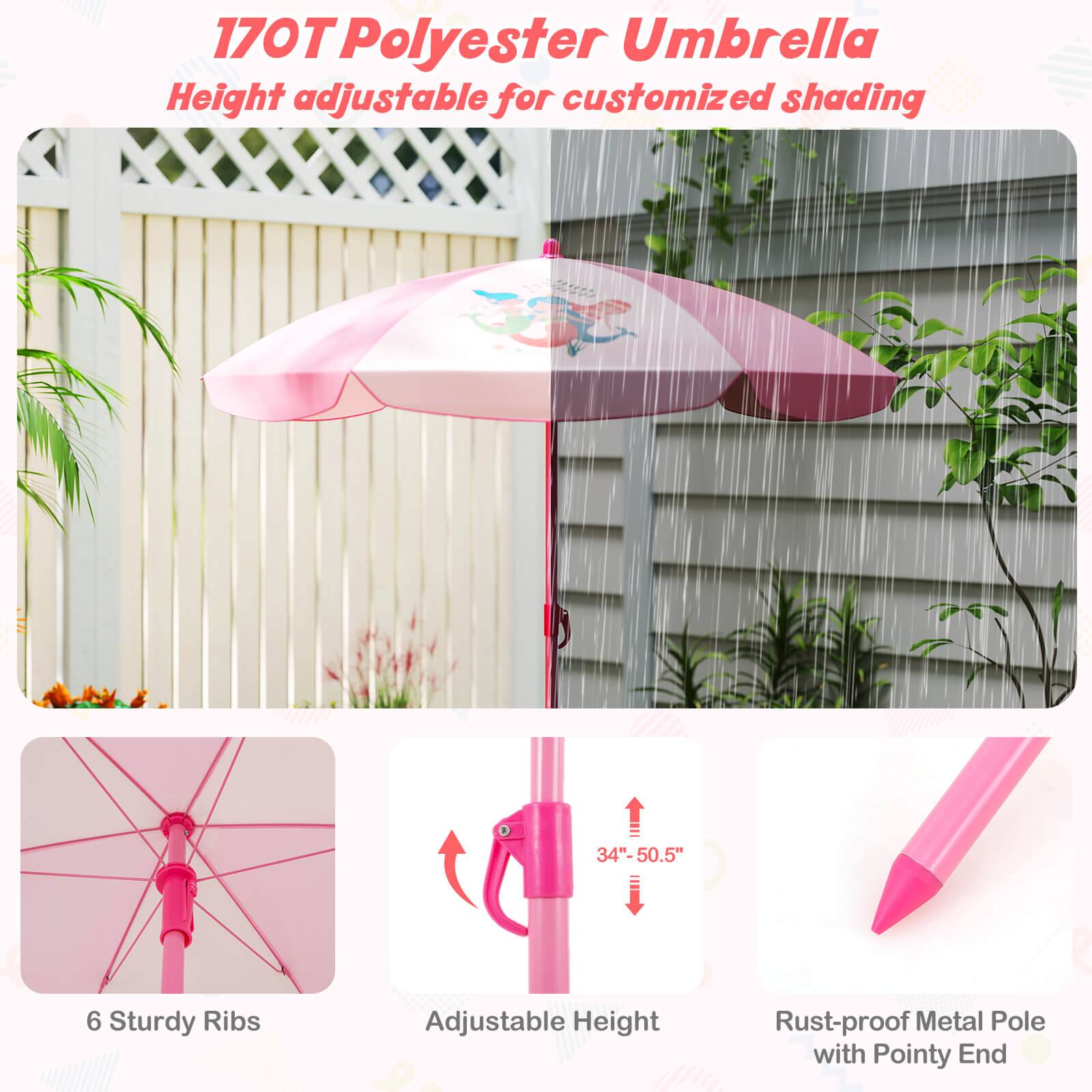 170T Polyester Umbrella  
Height adjustable for customized shading  

6 Sturdy Ribs  
Adjustable Height  
Rust-proof Metal Pole with Pointy End  

34" - 50.5"