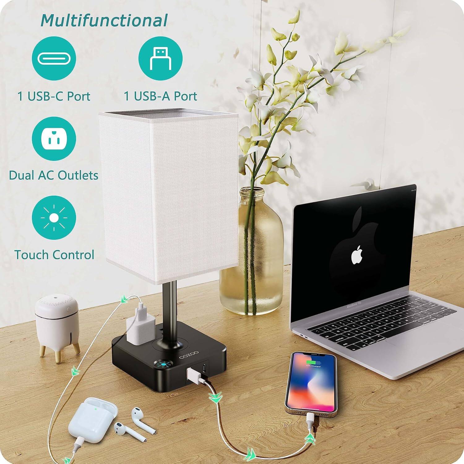 Multifunctional  
1 USB-C Port  
1 USB-A Port  
Dual AC Outlets  
Touch Control