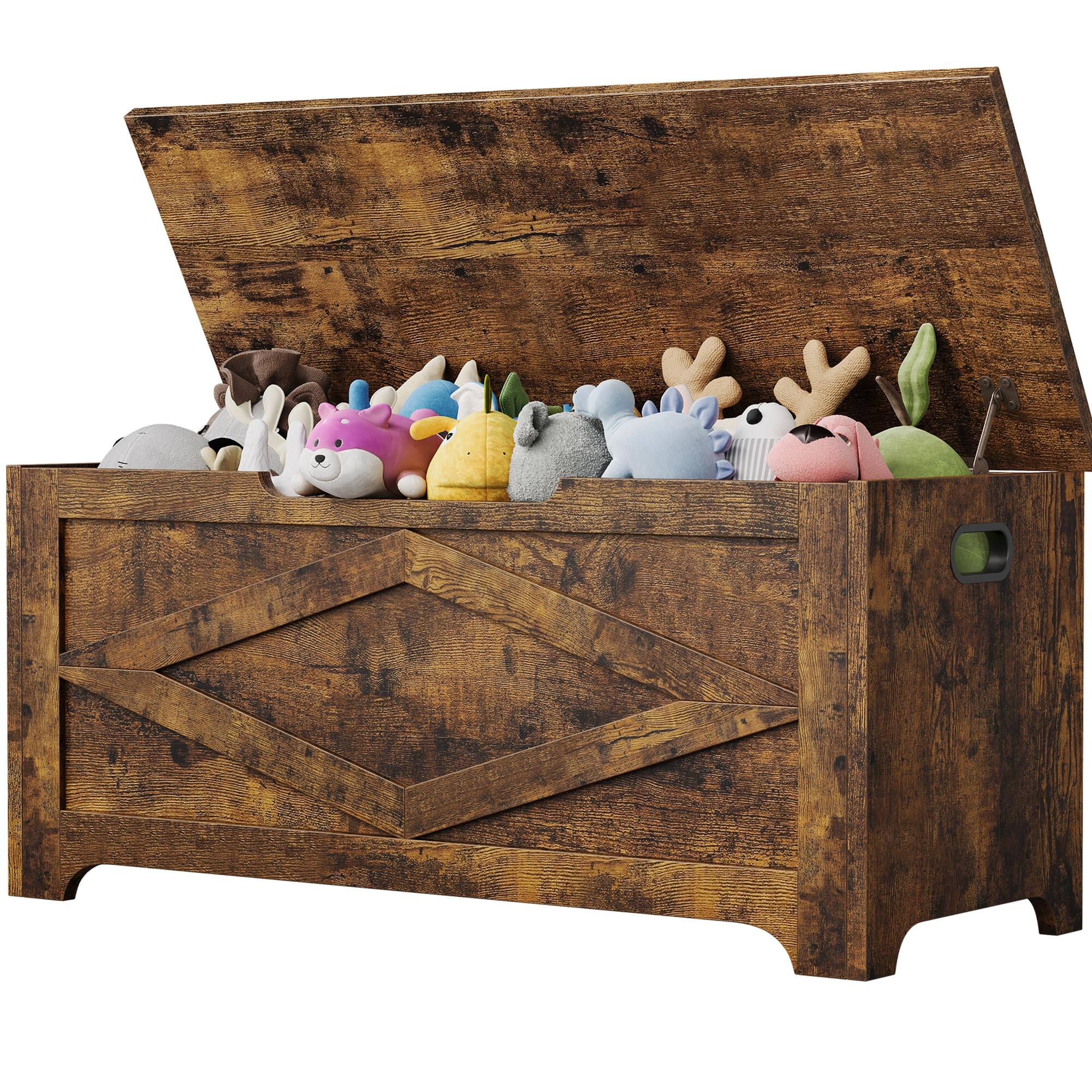 Front. Jojoka - 39.4" Wooden Toy Storage Chest, Large Storage Bench with Safety Hinge, Lift-Top Trunk for Home - Brown.