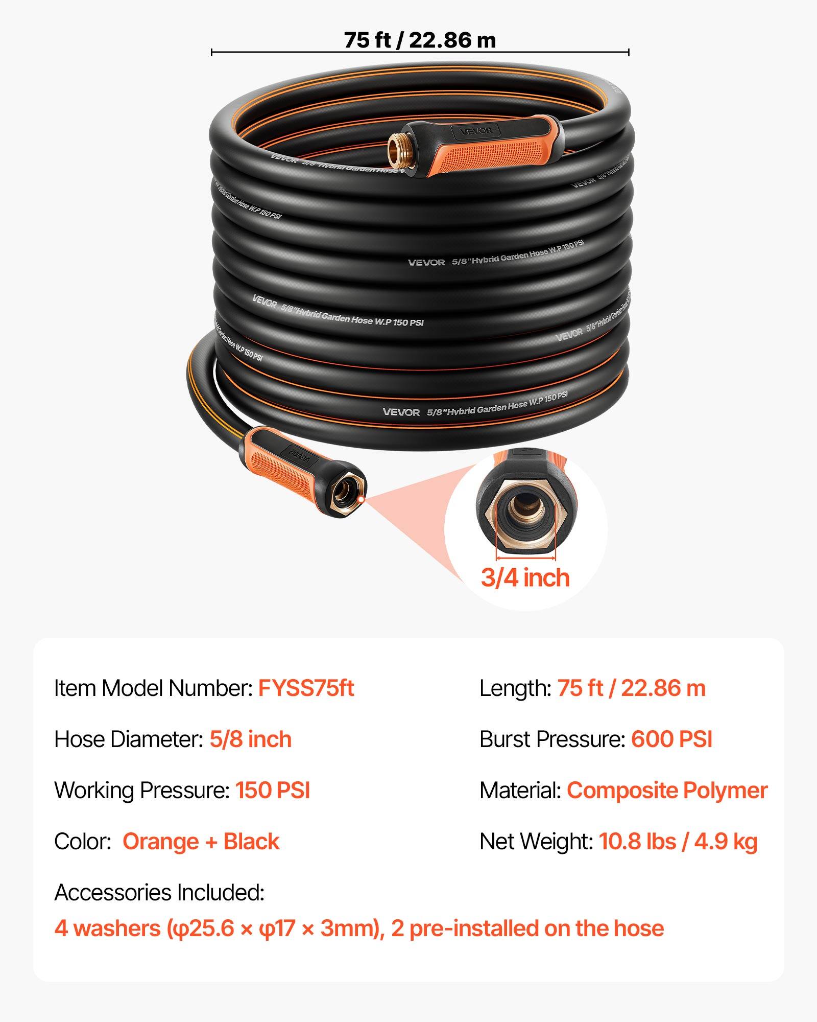 VEVOR - Garden Hose, 75 ft 5/8" Heavy Duty 4-Layer Rubber Water Hose, 150PSI Working & 600PSI Burst, Flexible & Non-kink Outdoor - Orange + Black - Thumbnail 2