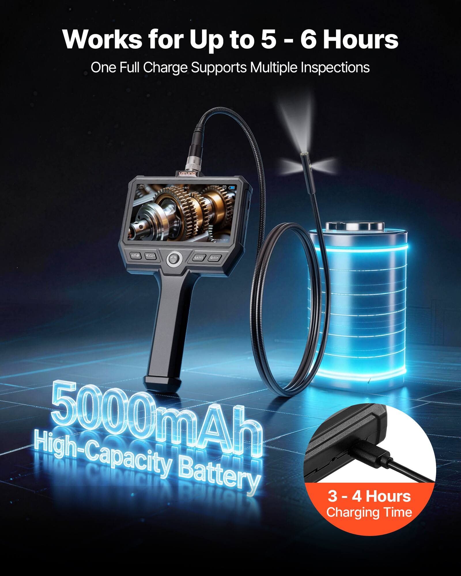 Works for Up to 5 - 6 Hours  
One Full Charge Supports Multiple Inspections  

5000mAh High-Capacity Battery  

3 - 4 Hours Charging Time