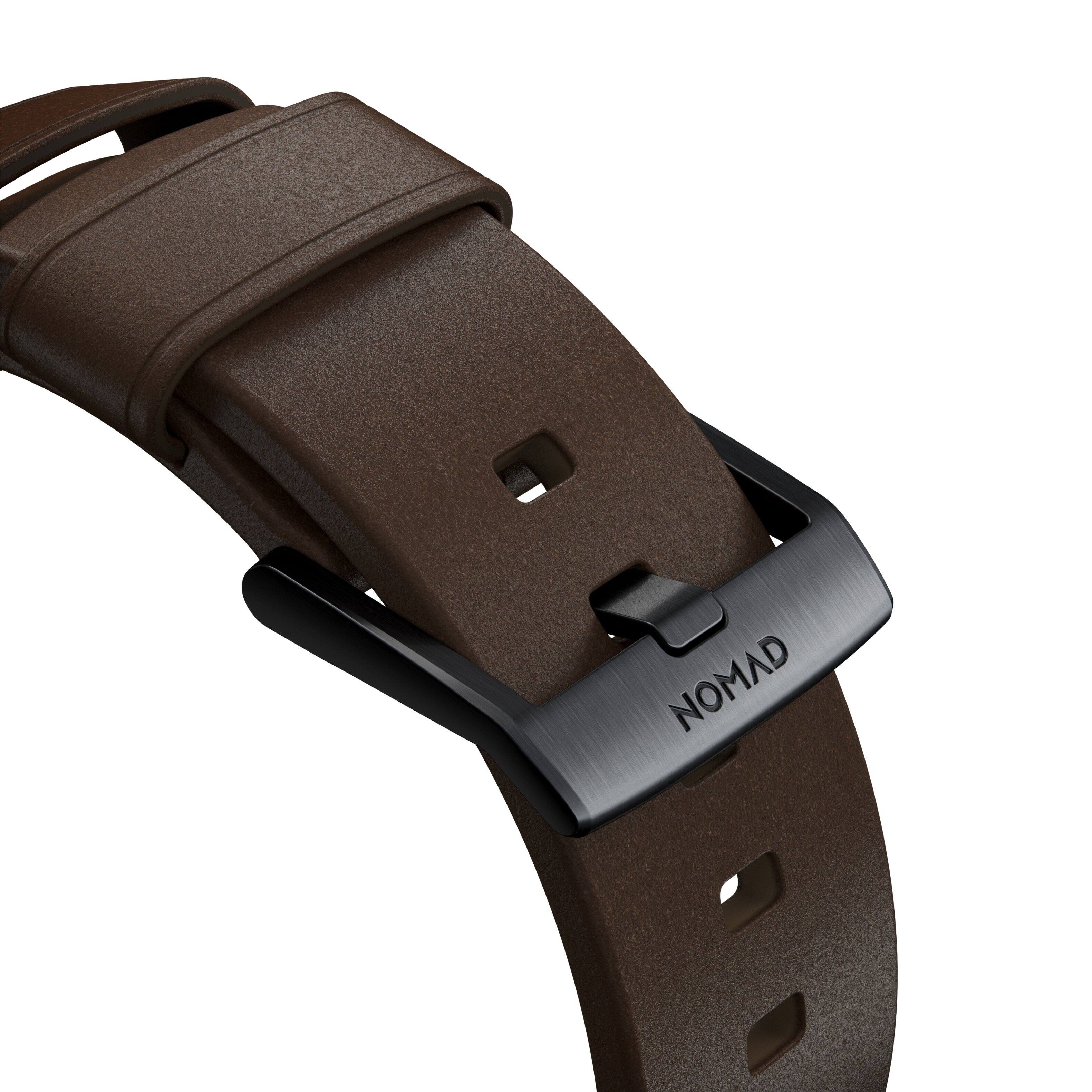Alt View 1. Nomad - Modern Leather Watch Strap for Apple Watch 44mm/45mm/49mm - Brown with black lugs.