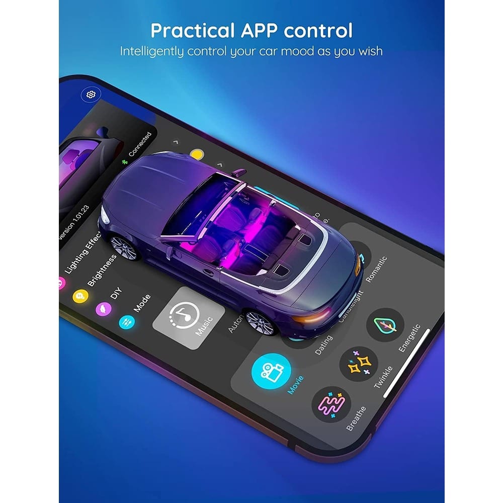 RTMB - Smart Car LED Interior Lights – RGB, App Control, DIY & Music Mode, 12V Charger