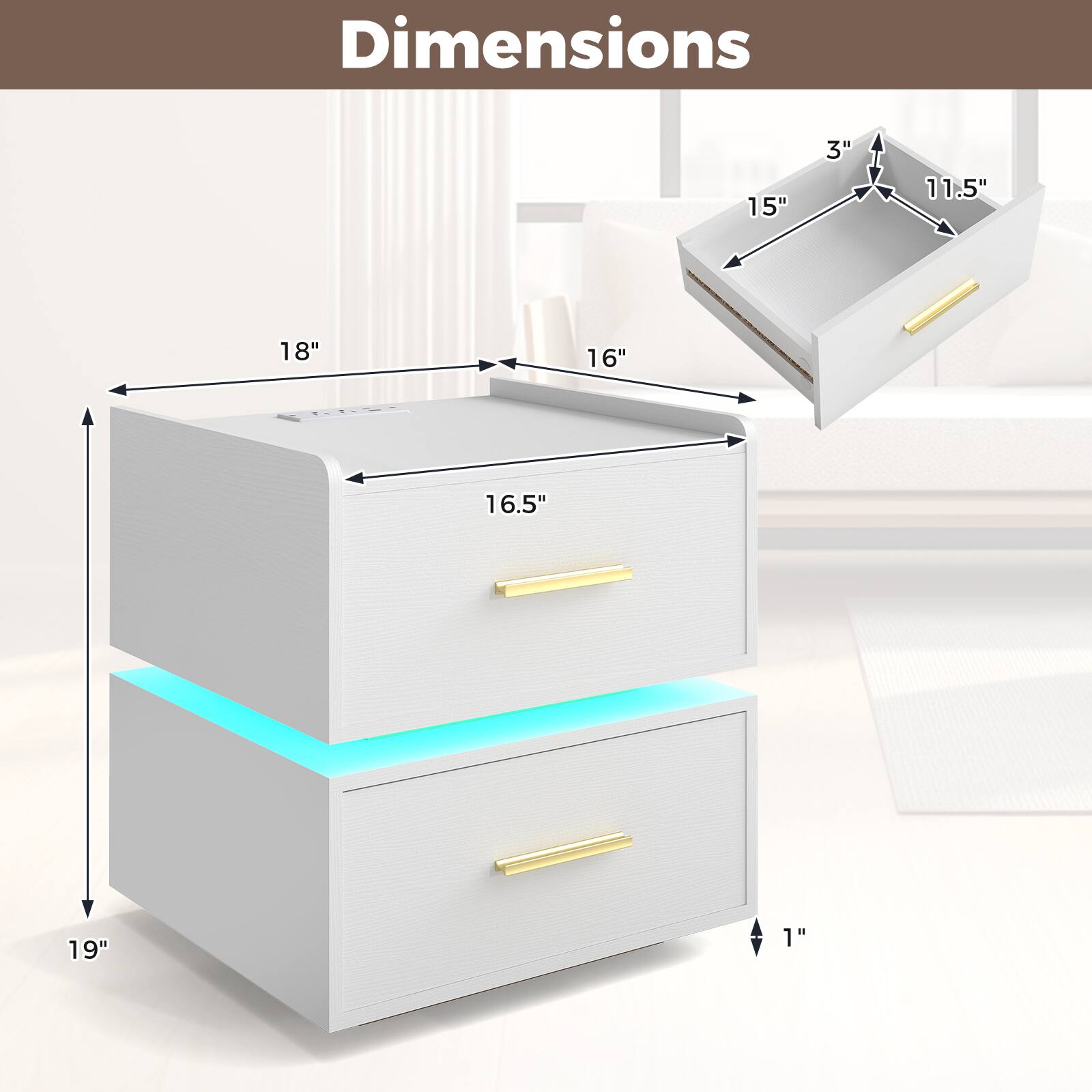 Dimensions: 15" x 3" x 11.5" x 18" x 16" x 16.5" x 19" x 1"