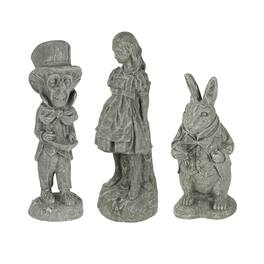 Things2Die4 - 3 Piece Alice in Wonderland, White Rabbit & Mad Hatter Light Finish Solid Cement Statue Set - Gray