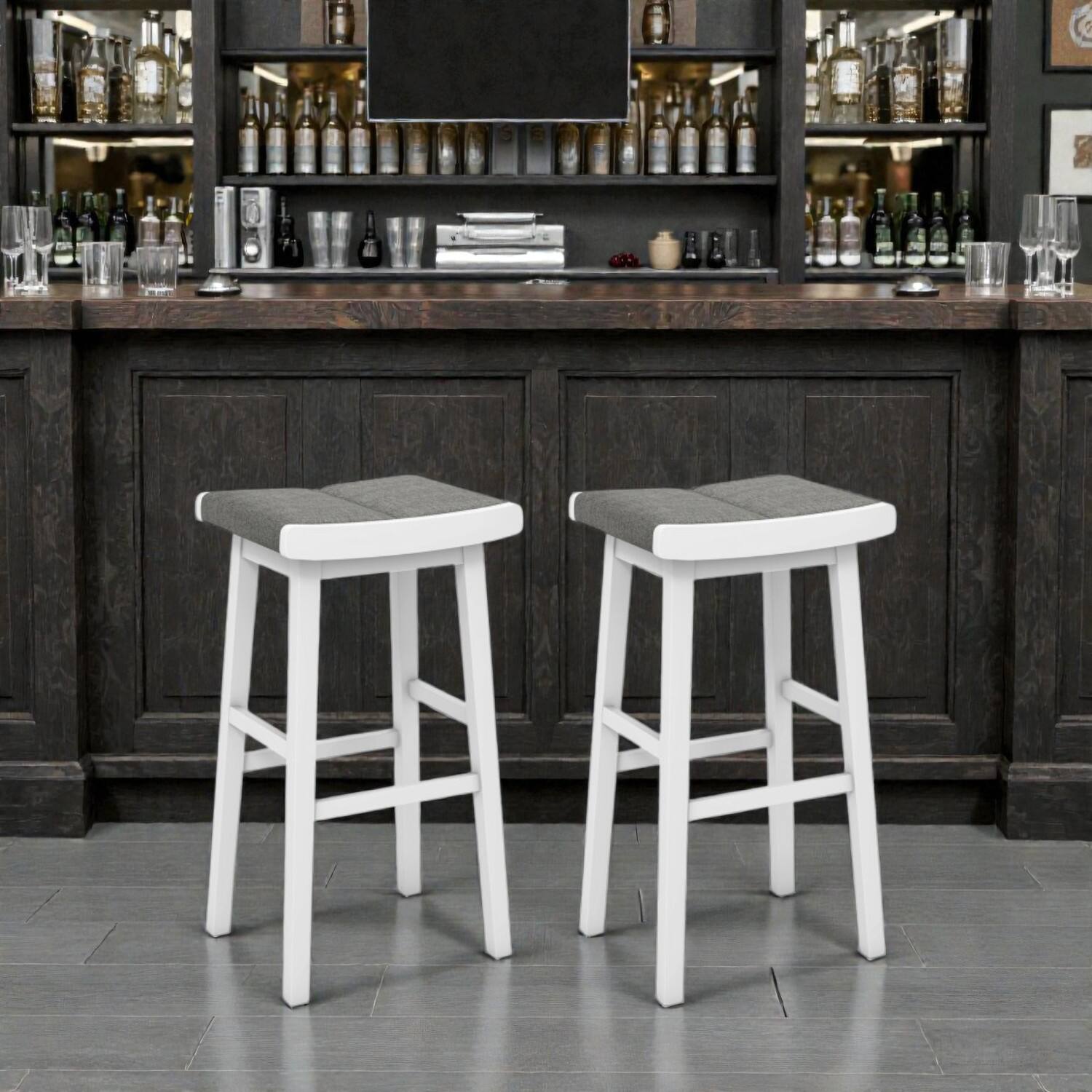 Front. Hivvago - Set of 2 Upholstered Saddle Bar Stools with Comfort Padded Seats - 31.5 inches - Gray & White.