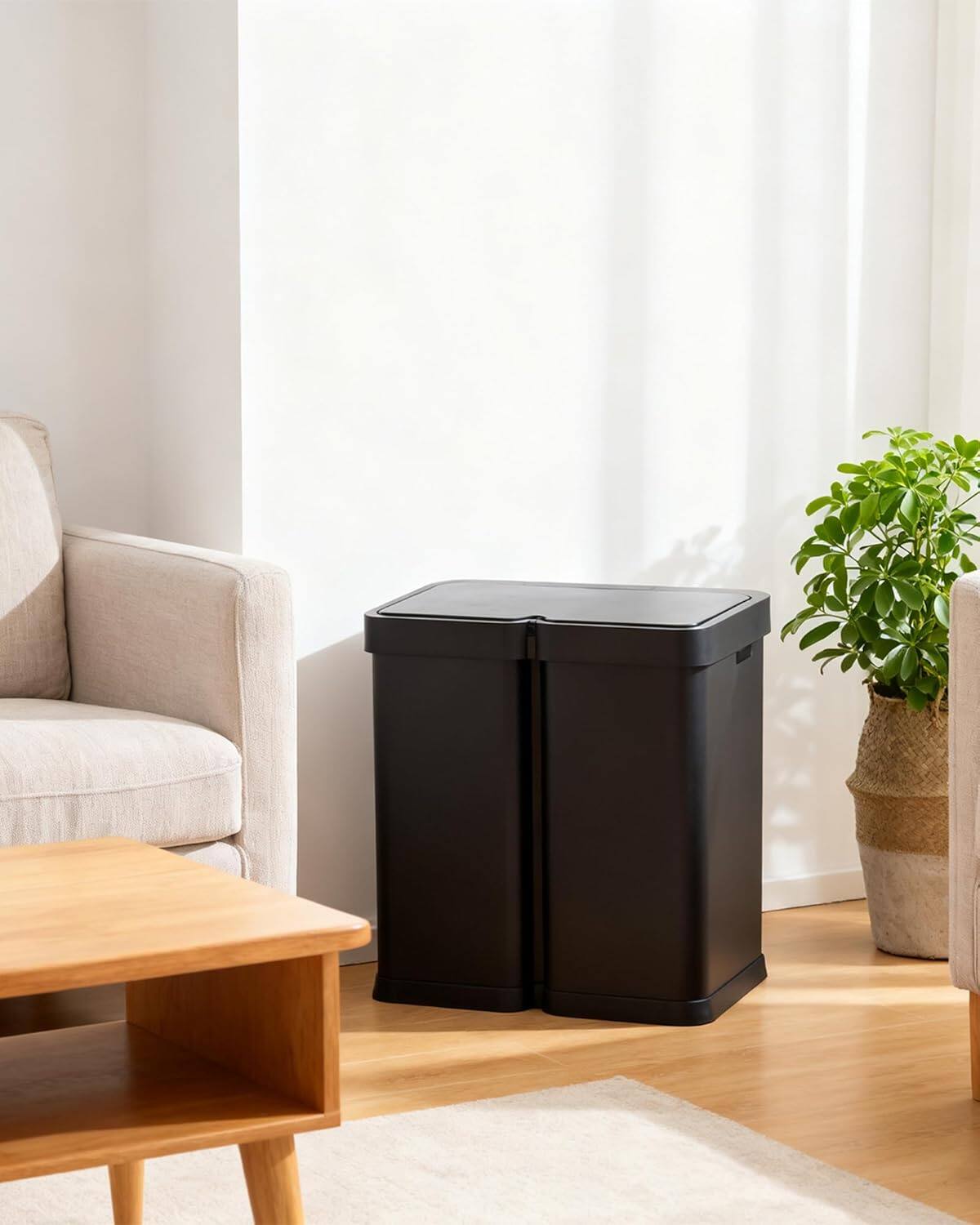 Alt View 3. Homhougo - 16 Gallon Motion Sensor Trash Can - 2x30L Dual Compartment Automatic Garbage Can - Black.