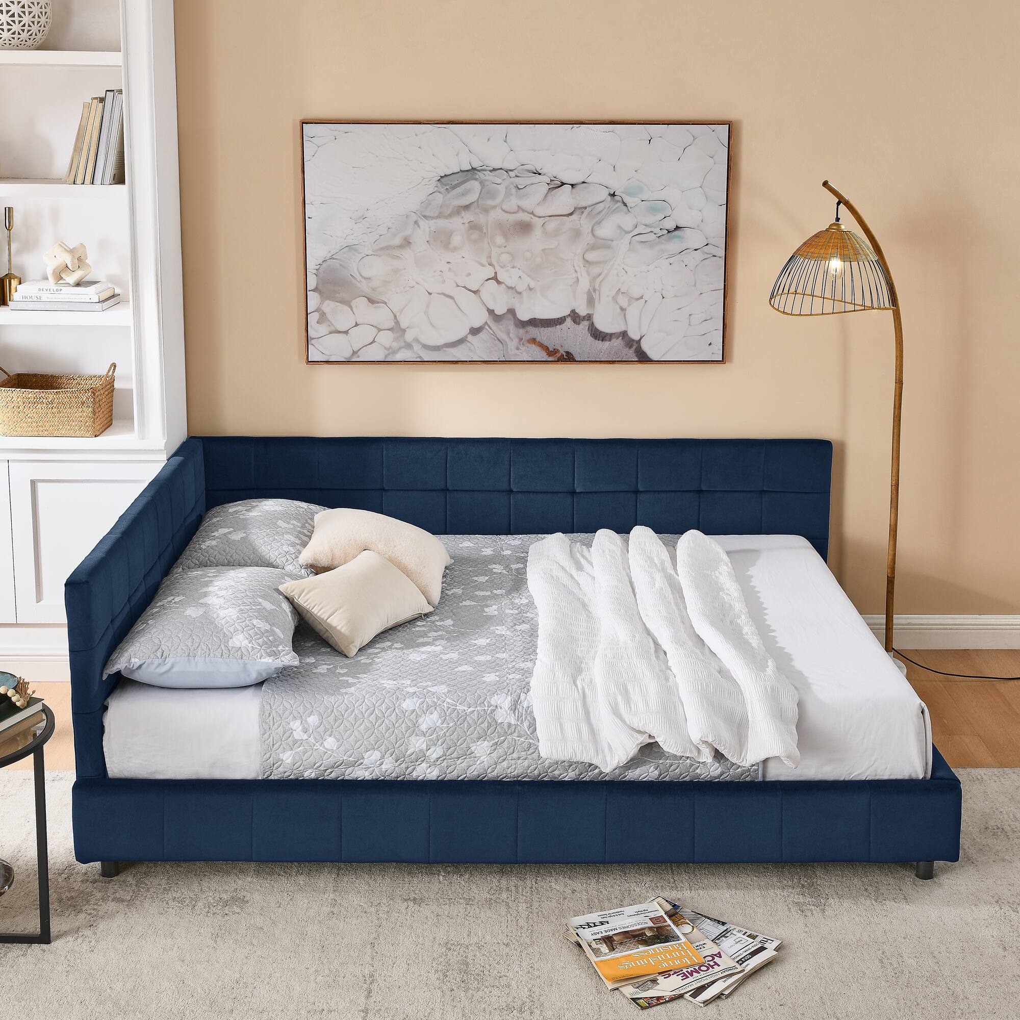 Alt View 1. Anysun - Queen Velvet Tufted Sofa Bed Frame - with Comfortable Backrest & Armrests for Bedroom or Living Room - Blue.