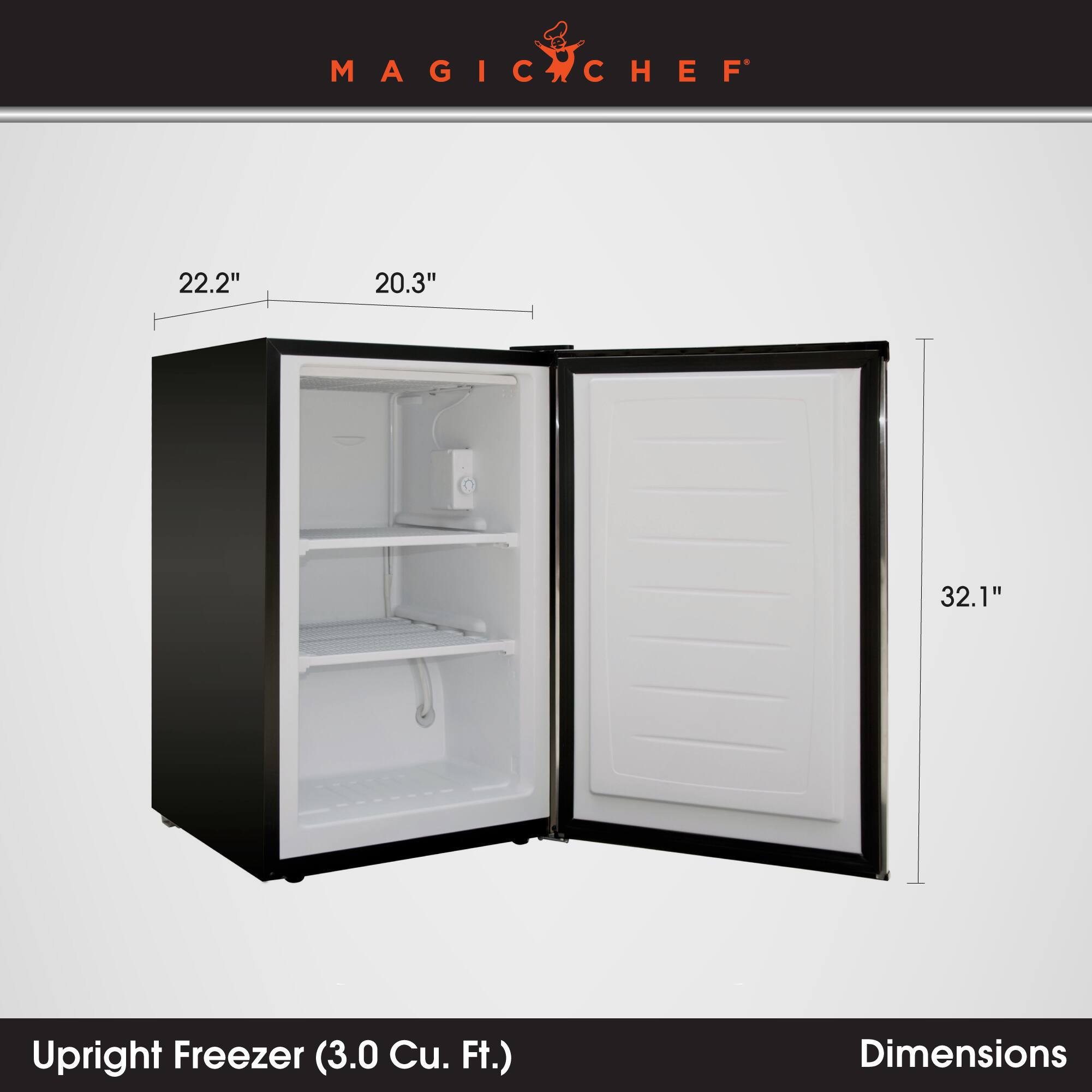 MAGIC CHEF 22.2" x 20.3" x 32.1" Upright Freezer (3.0 Cu. Ft.) Dimensions