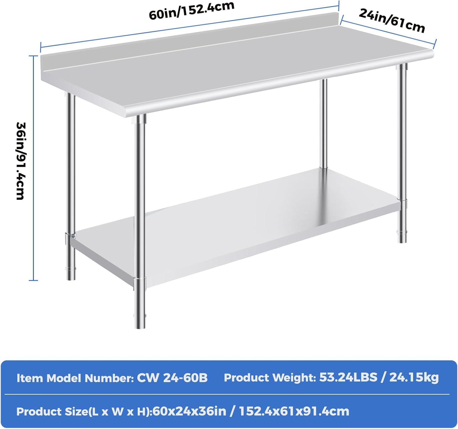 60in/152.4cm  
24in/61cm  
36in/91.4cm  

Item Model Number: CW 24-60B  
Product Weight: 53.24LBS / 24.15kg  
Product Size(L x W x H): 60x24x36in / 152.4x61x91.4cm