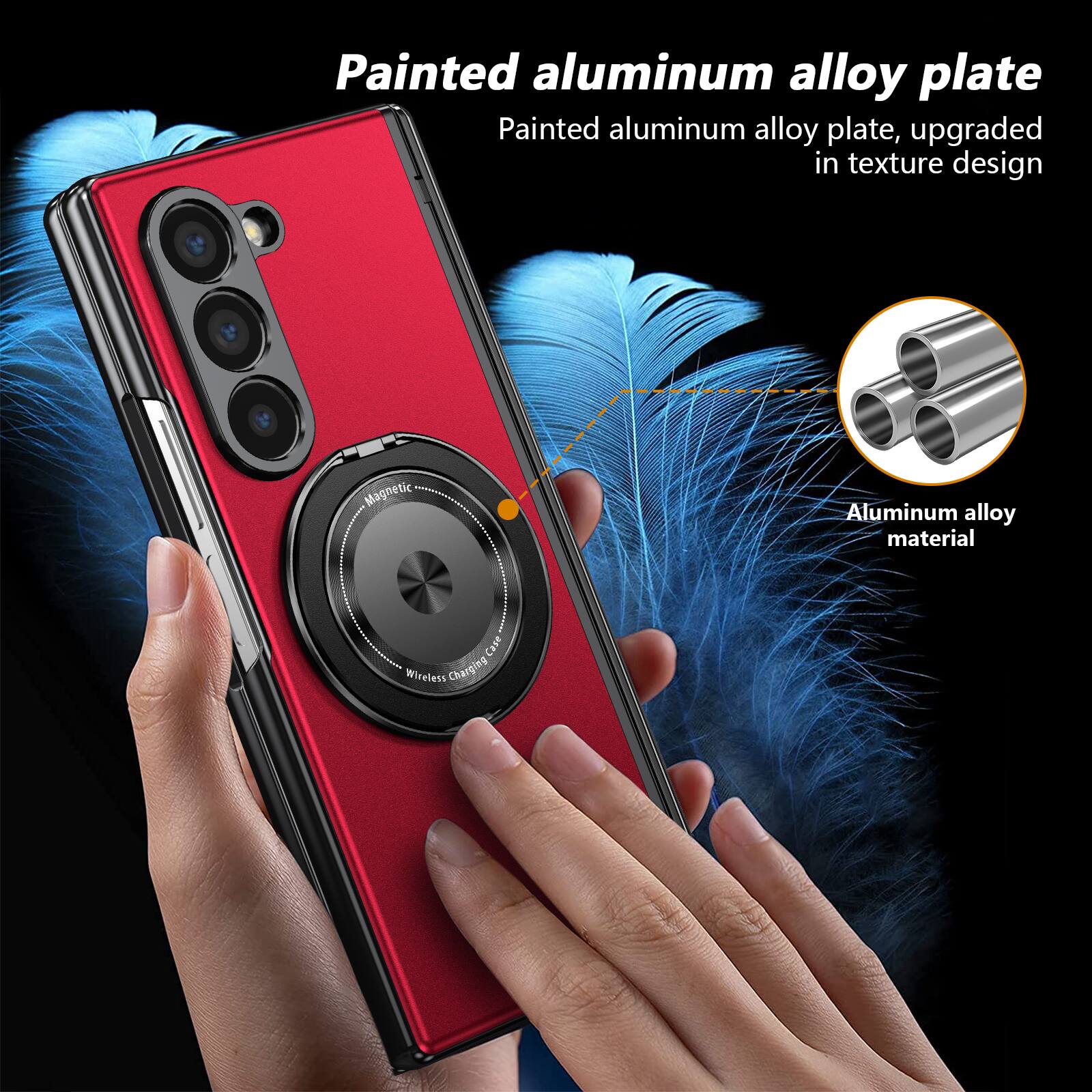 Painted aluminum alloy plate, upgraded in texture design  
Magnetic Aluminum alloy material  
Case Wireless Charging