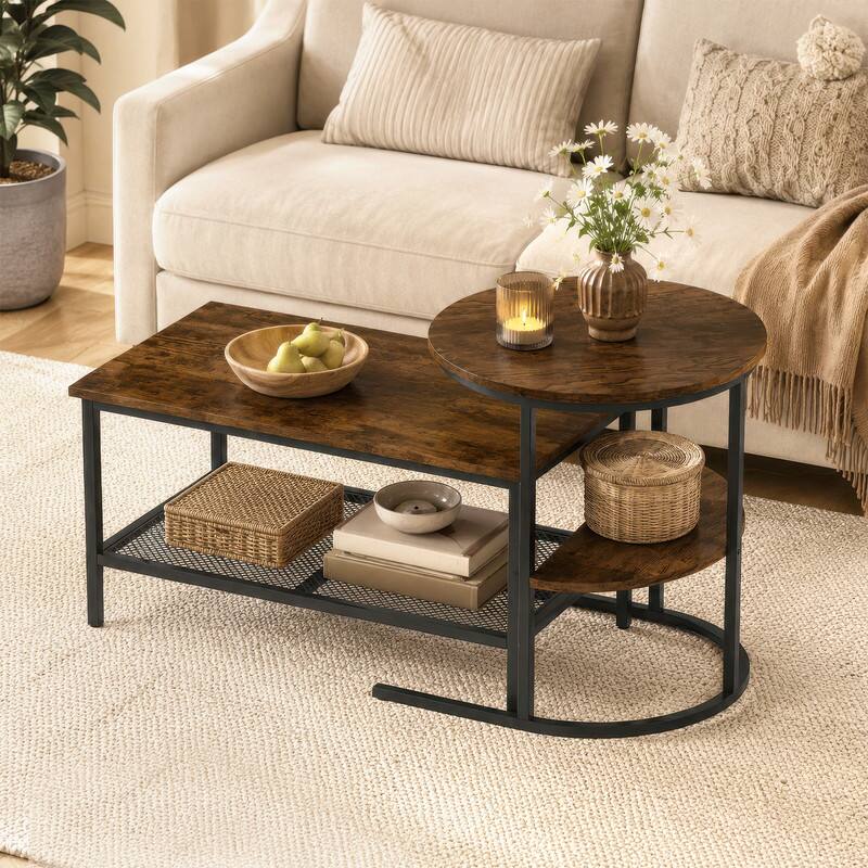 Angle. WELLFOR - Coffee Table Set of 2, Rectangle Coffee Table and Side End Table with Storage Shelves, Nesting Center Table - Rustic Brown.