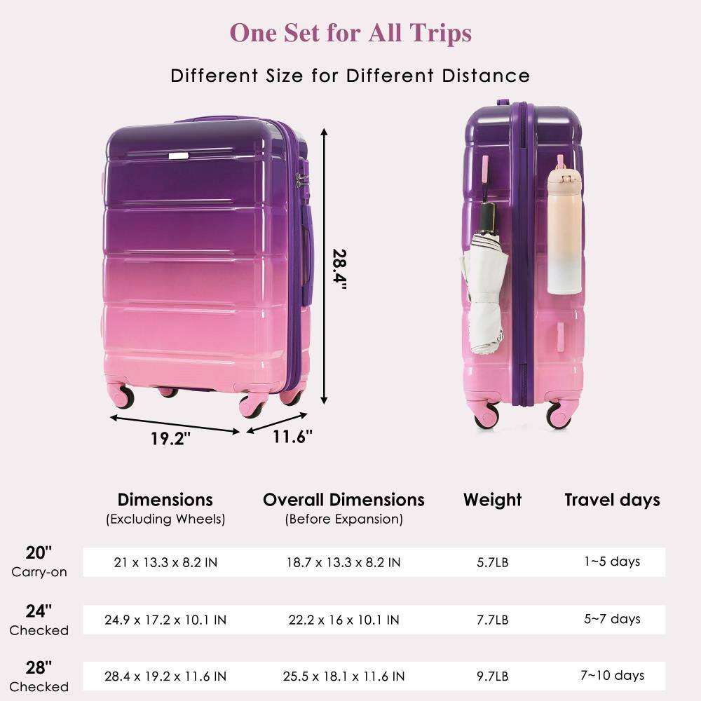 One Set for All Trips  
Different Size for Different Distance  

Dimensions (Excluding Wheels)  
20" Carry-on: 21 x 13.3 x 8.2 IN  
24" Checked: 24.9 x 17.2 x 10.1 IN  
28" Checked: 28.4 x 19.2 x 11.6 IN  

Overall Dimensions (Before Expansion)  
20" Carry-on: 18.7 x 13.3 x 8.2 IN  
24" Checked: 22.2 x 16 x 10.1 IN  
28" Checked: 25.5 x 18.1 x 11.6 IN  

Weight  
20" Carry-on: 5.7LB  
24" Checked: 7.7LB  
28" Checked: 9.7LB  

Travel days  
20" Carry-on: 1~5 days  
24" Checked: 5~7 days  
28" Checked: 7~10 days