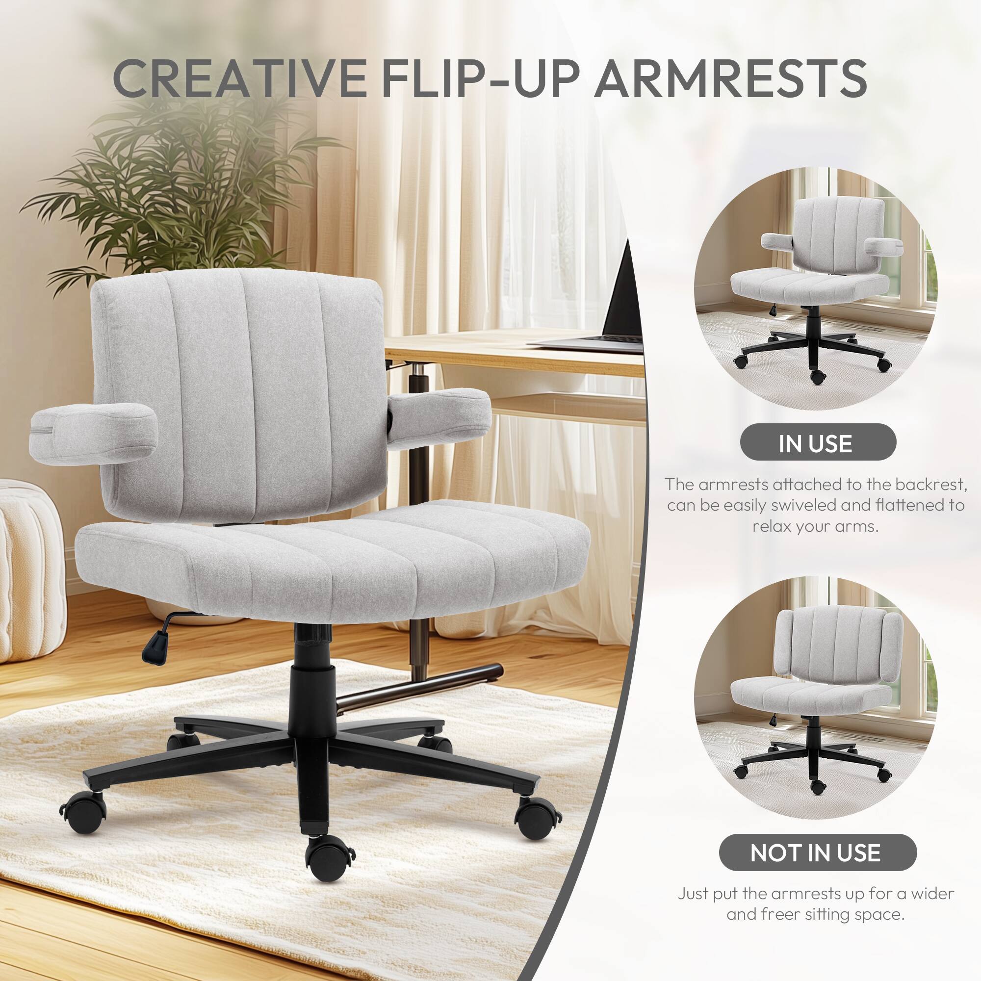 **CREATIVE FLIP-UP ARMRESTS**

**IN USE**  
The armrests attached to the backrest can be easily swiveled and flattened to relax your arms.

**NOT IN USE**  
Just put the armrests up for a wider and freer sitting space.