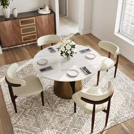 POVISON - 51" Modern Glossy White Sintered Stone Round Dining Table for 4 with Bronze Steel Base - Glossy White Sintered Stone & Bronze Steel Base