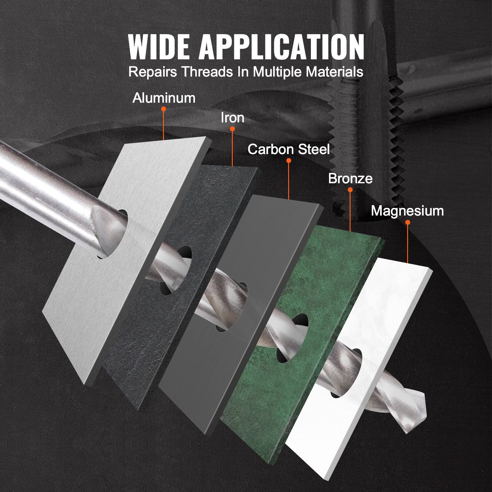 WIDE APPLICATION  
Repairs Threads In Multiple Materials  
Aluminum  
Iron  
Carbon Steel  
Bronze  
Magnesium