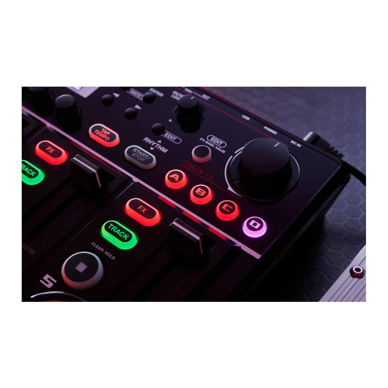 FX RACK 5 TEMPO TAP EDIT FE EDIT RHYTHM BN HOLDI STOP TRACK FX B FX TRACK CLEAR: HOLD - POWER DC IN