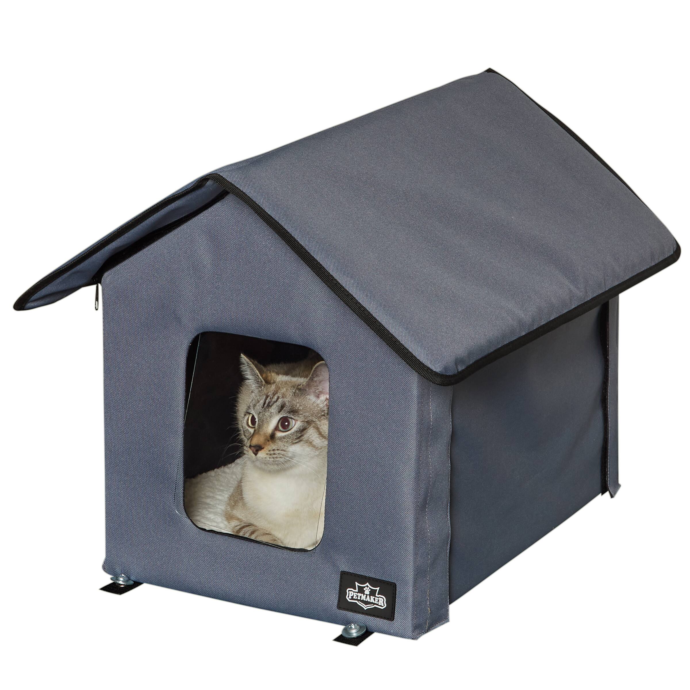 Front. PetMaker - Heated Cat House Double-Door Cat Bed with Zippered Roof, Pet Heating Pad, and Sherpa Cover for Garage or Porch.