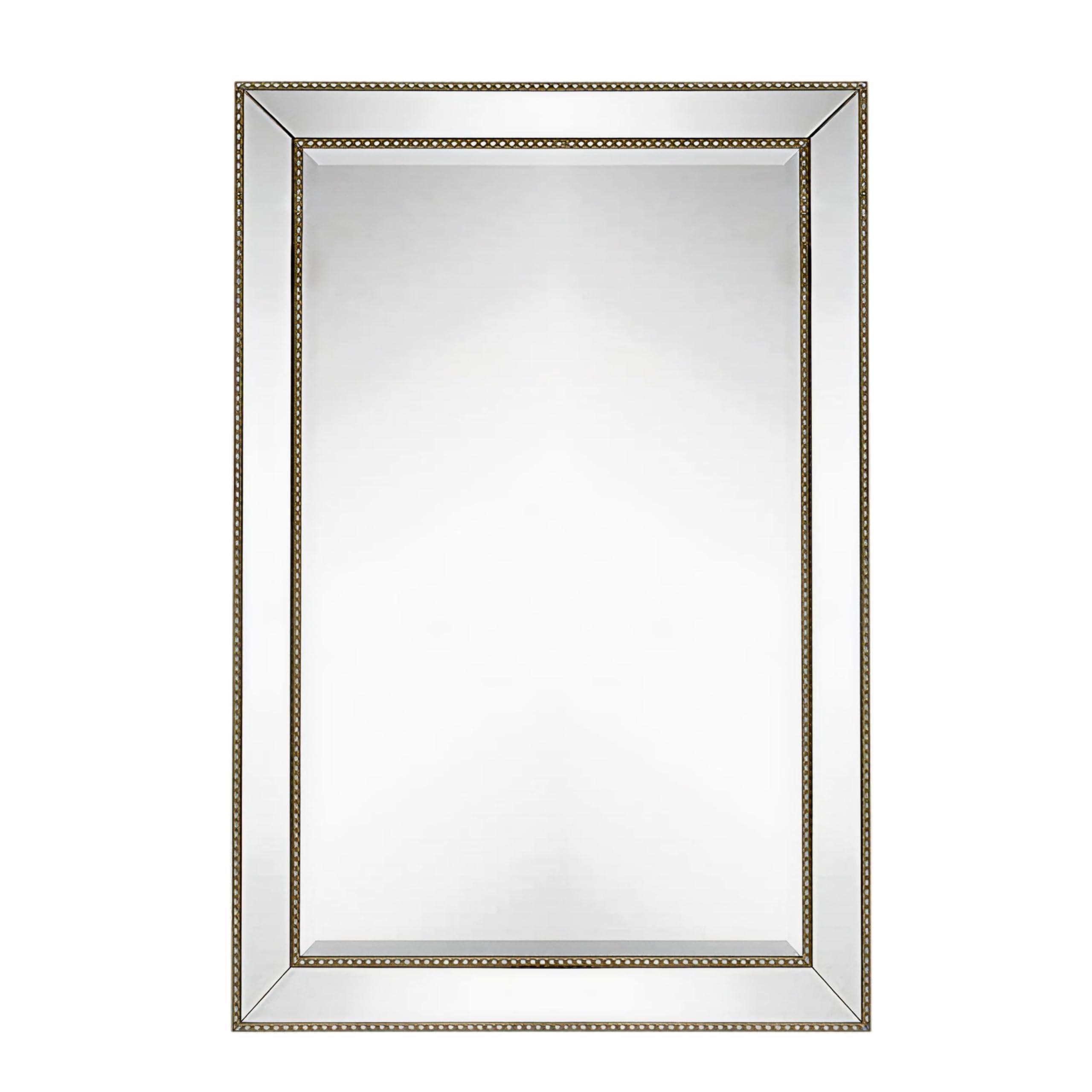 Comfort Essence - 24" X 36" Vanity Framed Glass Rectangular Wall Mirror Angled Beveled Frame And Beaded Accents Backed Pane - Silver-36"L x 24"W