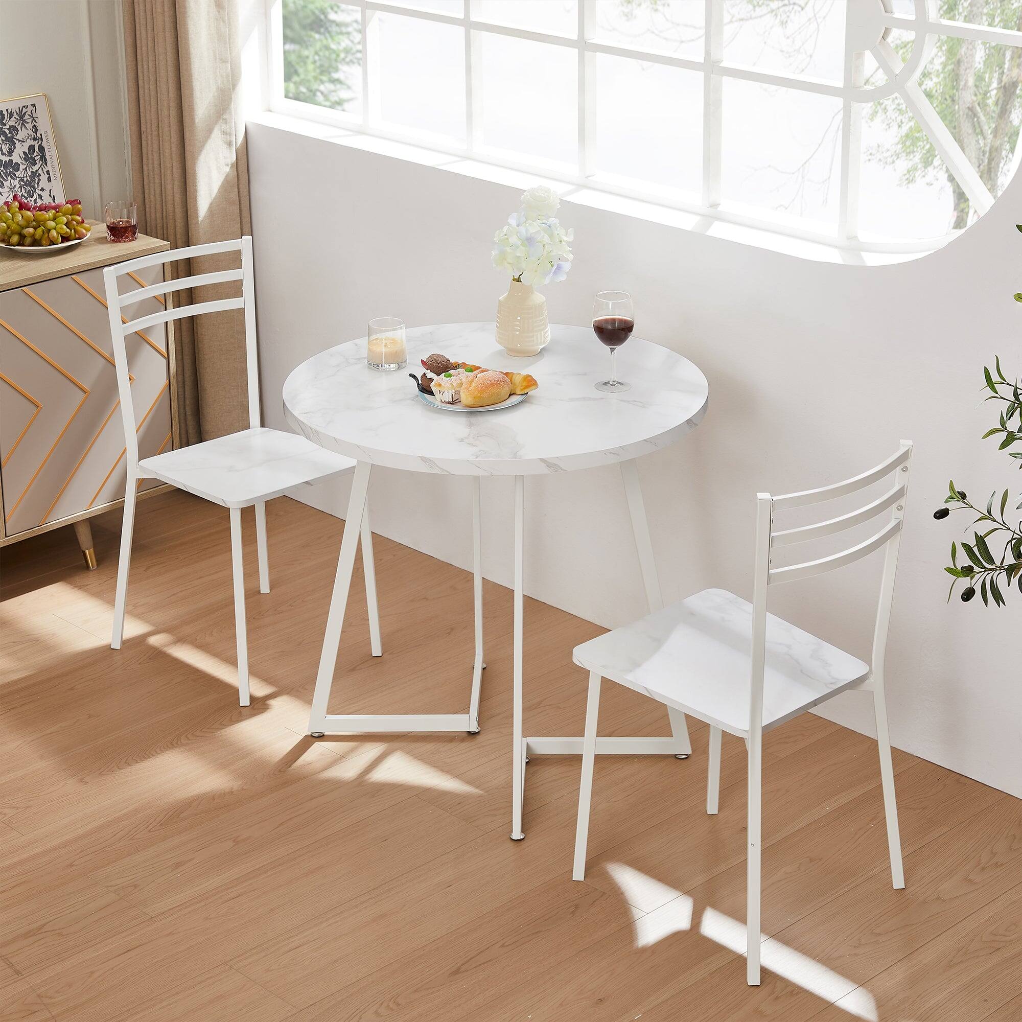Alt View 4. Vecelo - Modern 3 Piece Round Dining Table Set for 2, Faux Marble Top, Metal Frame, Space-Saving Kitchen Table Set - White Imitation Marble.