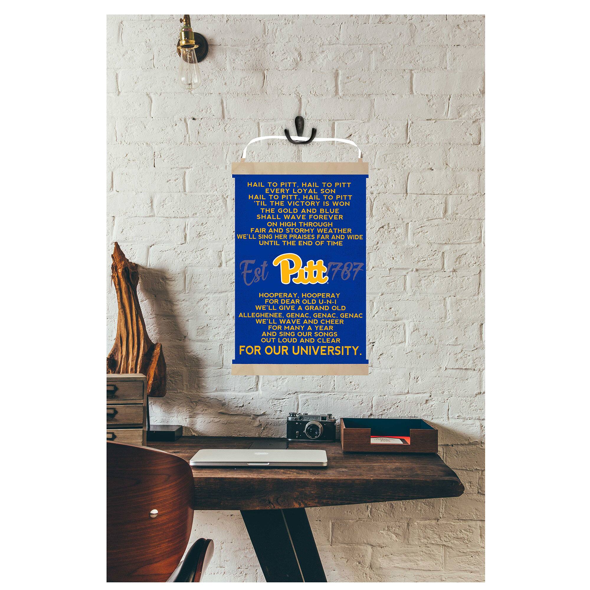 Hail to Pitt, hail to Pitt, every loyal son,  
Hail to Pitt, till the victory is won,  
The gold and blue shall wave forever on high,  
Through fair and stormy weather we'll sing her praises far and wide,  
Until the end of time.  

Est. Pitt 787  

Hooray, hooray for dear old U-N-I,  
We'll give a grand old Allegheny.  
Genac, genac, genac, we'll wave and cheer,  
For many a tear and sing our songs out loud and clear,  
For our university.