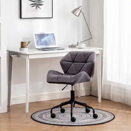 Front. HTUTWOO - Diamond Tufted Office Chair, 360° Swivel Adjustable Height, Velvet Fabric with High-Density Foam- for Home Office, Study - Gray.