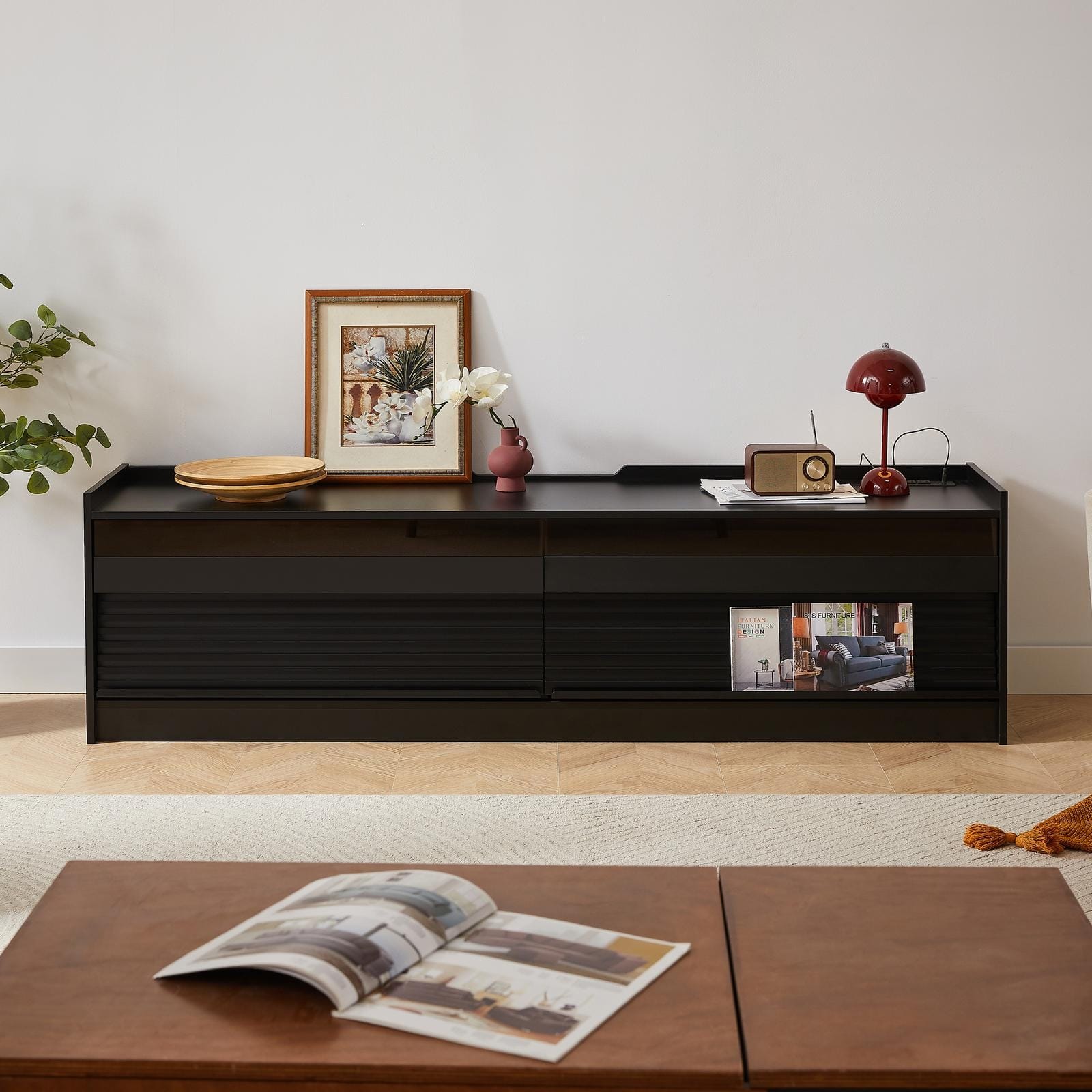 Spaco - Modern TV Stand with 4 Drawers, Tempered Glass and Ambient LED Lighting, for Living Room and Bedroom - Black