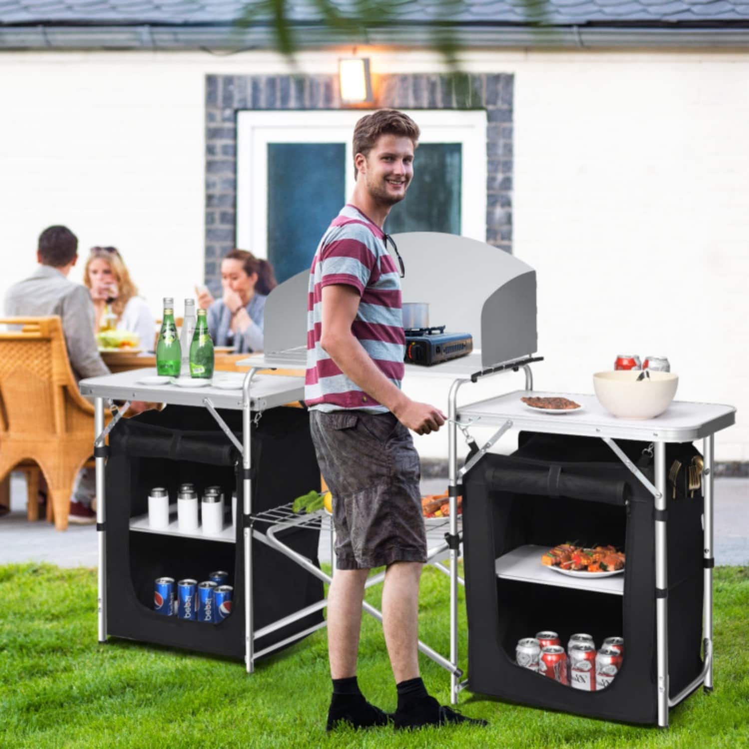 Mondawe - Folding Camping Grill Table w Storage Organizer 2 Side Tables Windscreen Carry Bag 55 lbs - Black