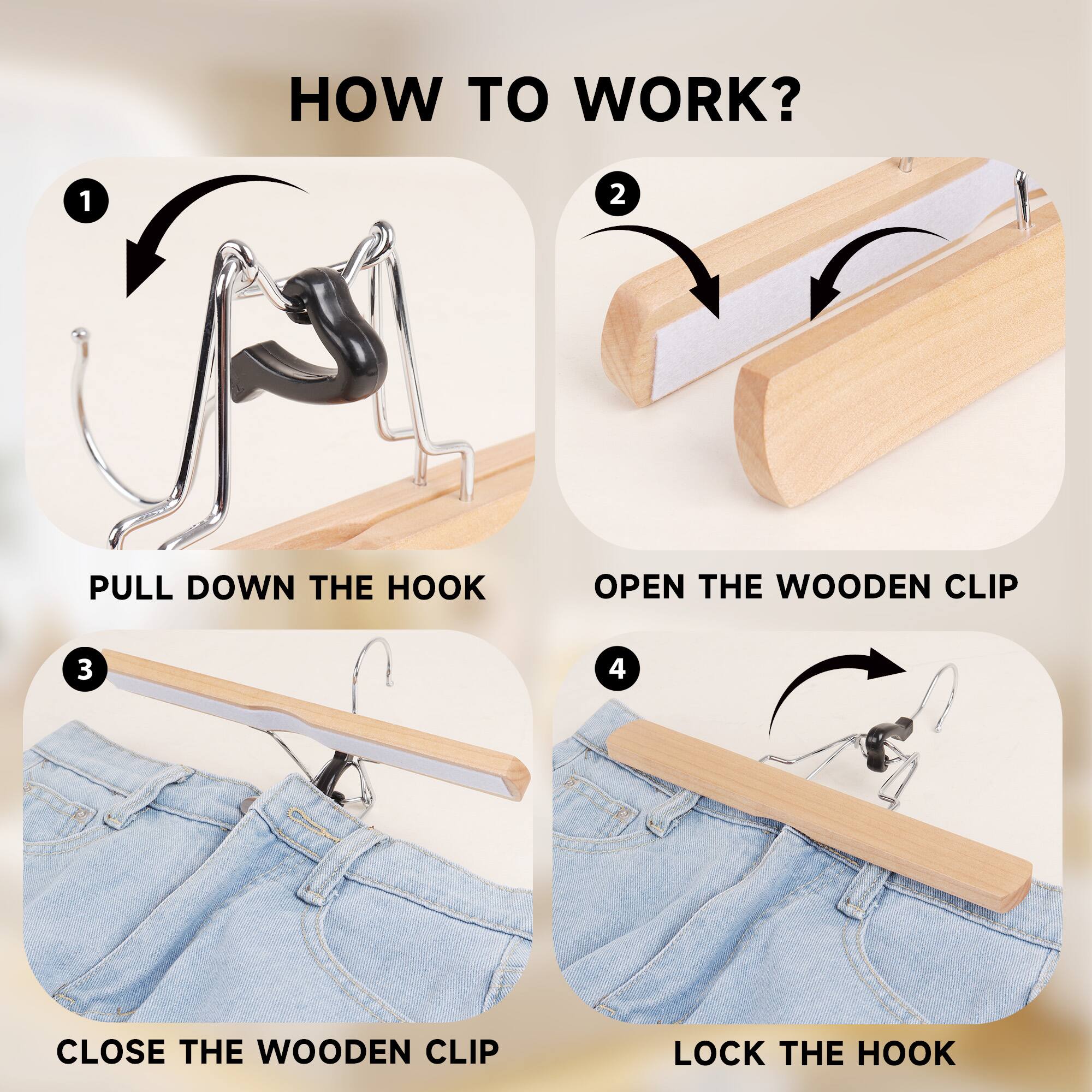 Sure, here is the corrected and grouped text:

---

**HOW TO WORK?**

1. **PULL DOWN THE HOOK**

2. **OPEN THE WOODEN CLIP**

3. **CLOSE THE WOODEN CLIP**

4. **LOCK THE HOOK**

---