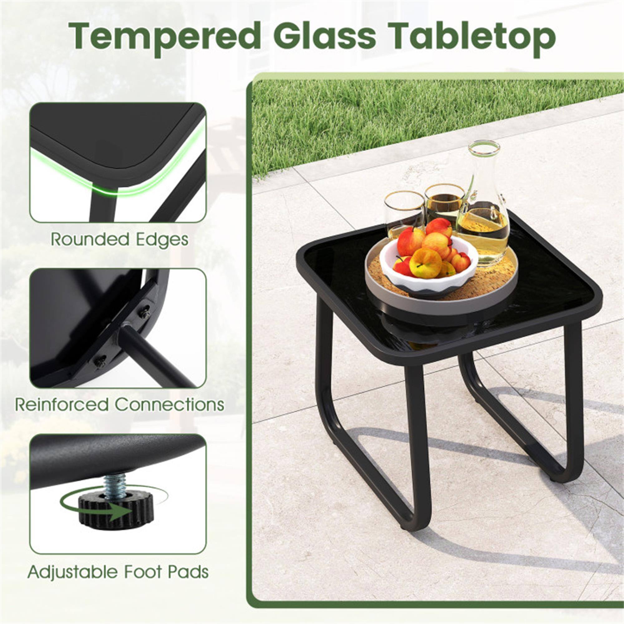 Tempered Glass Tabletop  
- Rounded Edges  
- Reinforced Connections  
- Adjustable Foot Pads