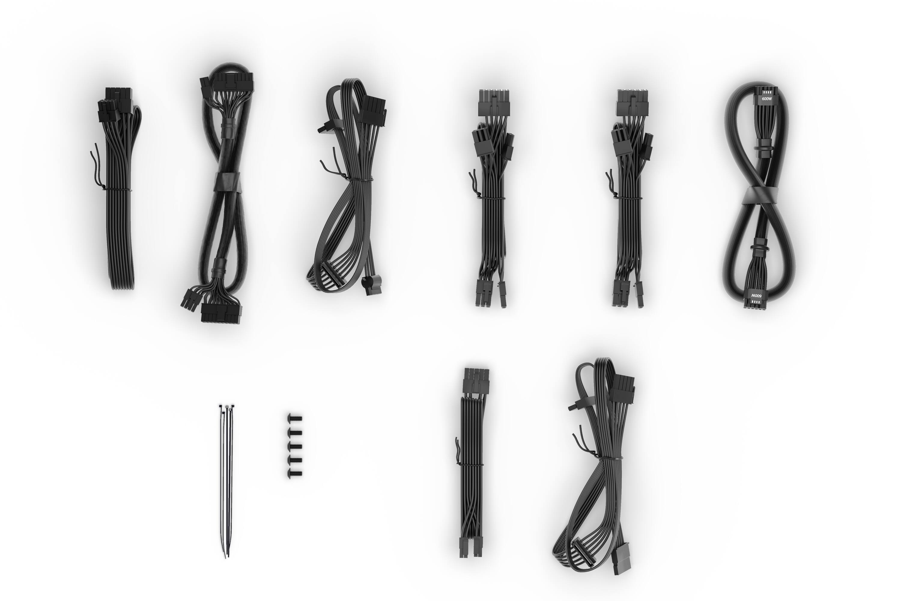 The image shows multiple black cables with connectors arranged in a grid pattern on a white background.