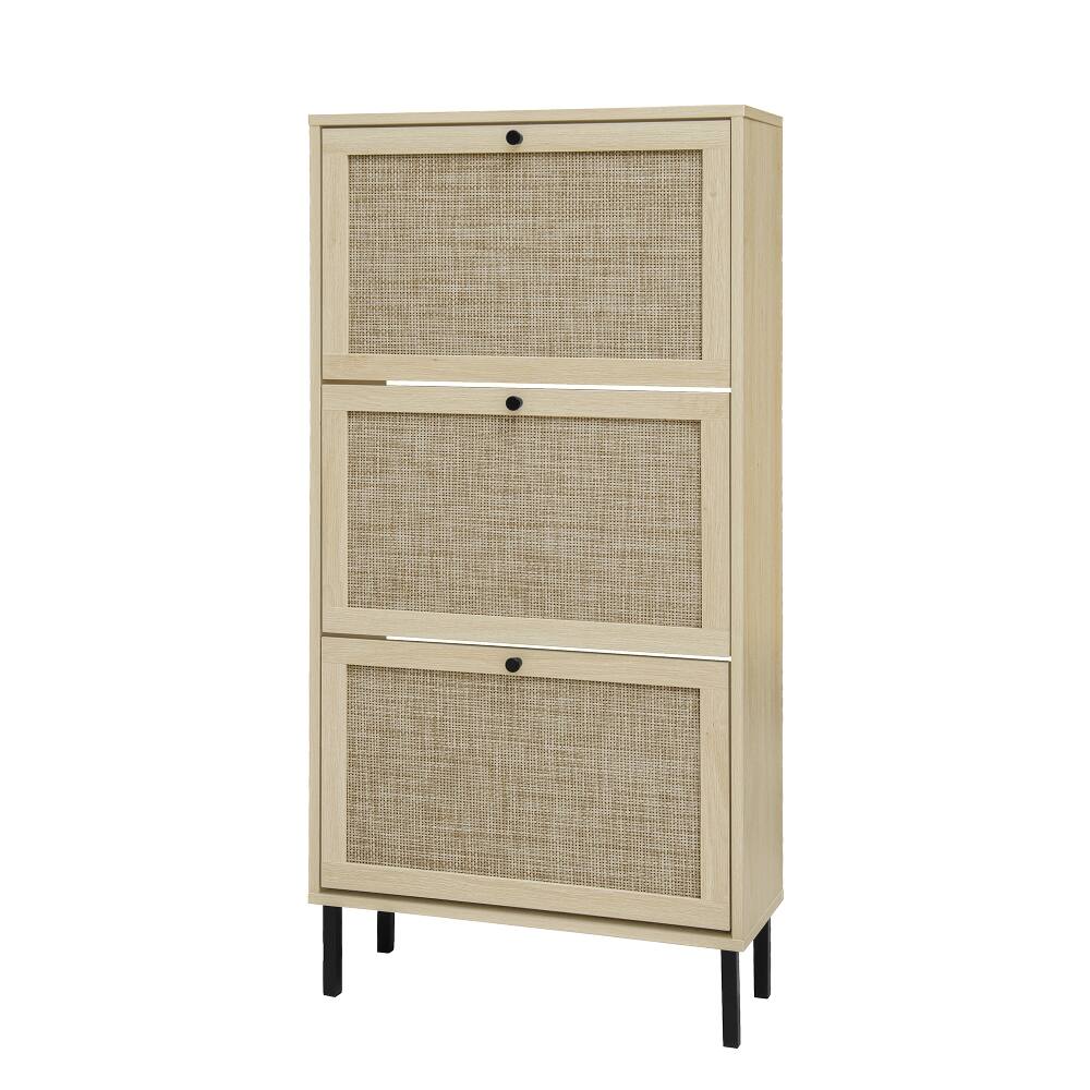 Alt View 7. Loheer - Loheer Rattan 3 Door Shoe Rack, Freestanding Modern Shoe Storage Cabinet, Natural Finish - Natural.