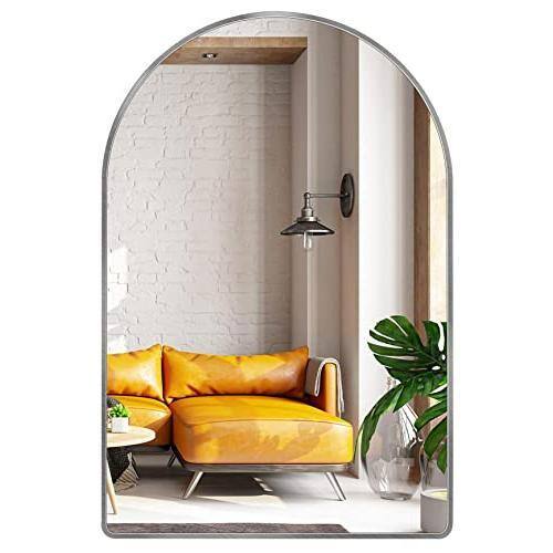 Comfort Essence - Arched Mirror For Bathroom Vanity Or Wall Decor Arch Brushed Metal Frame Mounted Livingroom Bedroom Entryway - Silver-13"L x 10"W