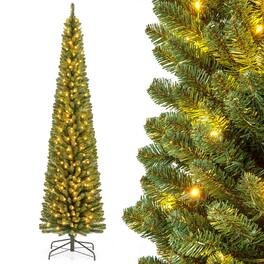 Gymax - 8 FT Pencil Christmas Tree w/671 Memory Wire Branch Tips 250 LED Lights for Home - Green