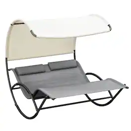 Outsunny - Outdoor Double Chaise Rocking Chair, Day Bed Sun Lounger with Canopy Shade, Headrest Pillow, Armrests - Light Gray