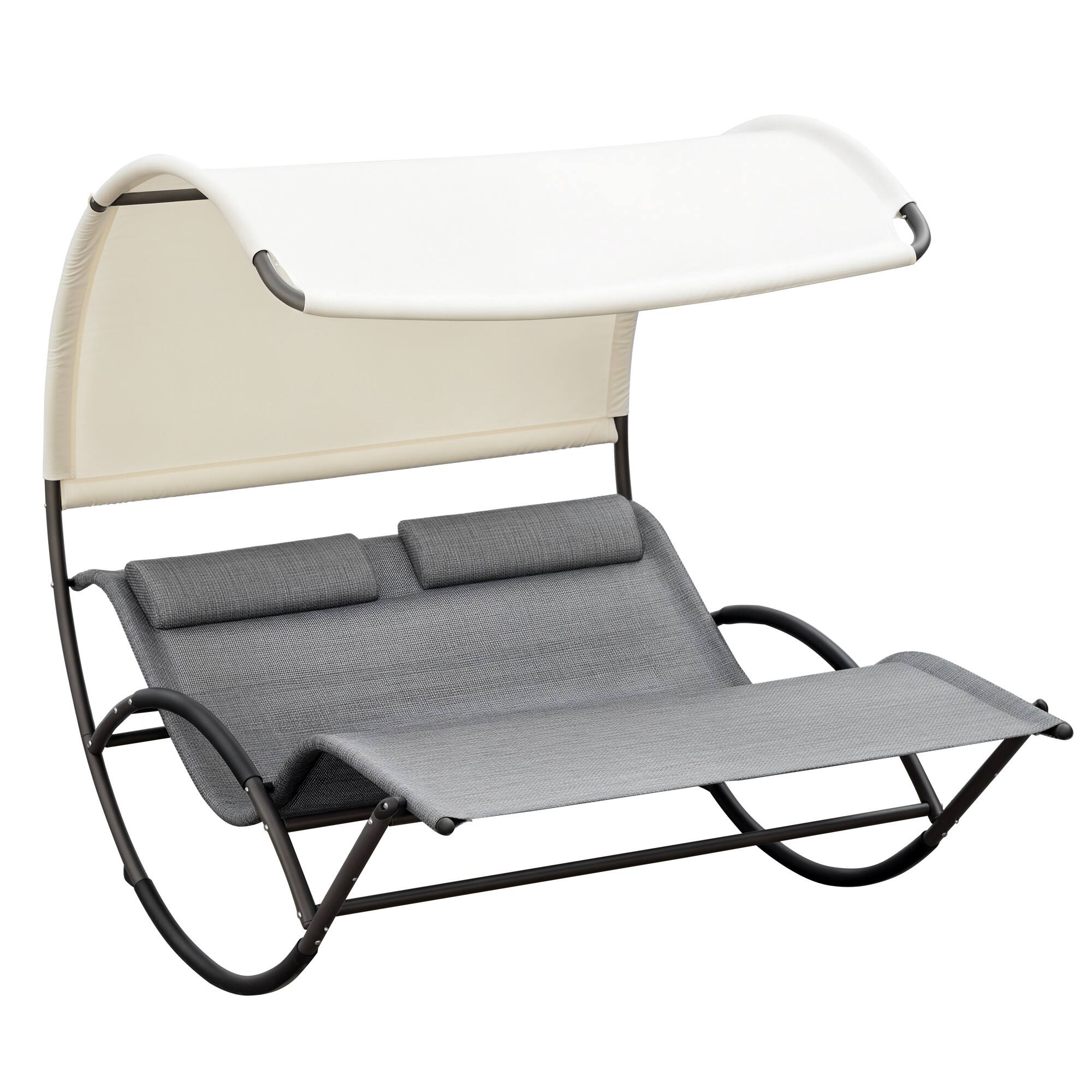 Front. Outsunny - Outdoor Double Chaise Rocking Chair, Day Bed Sun Lounger with Canopy Shade, Headrest Pillow, Armrests - Light Gray.