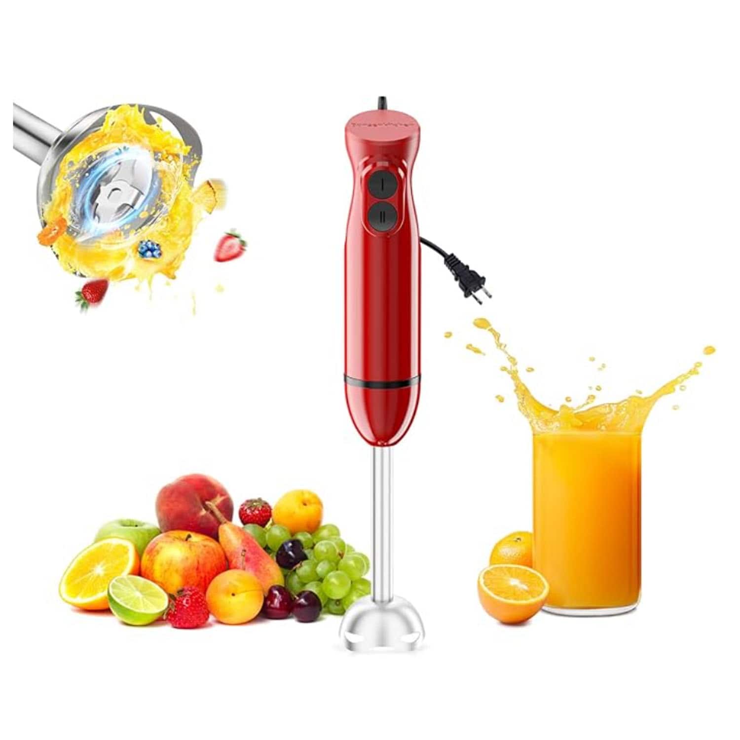 Bonsenkitchen - 2-Speed Immersion Hand Blender - Stainless Steel Blades - For Soups, Smoothies, Baby Food & More - Red