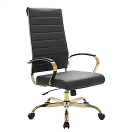 LeisureMod - 30 PCS Benmar Modern High-Back Leather Executive Office Desk Chair with Padded Armrests and Gold Steel Frame - Black