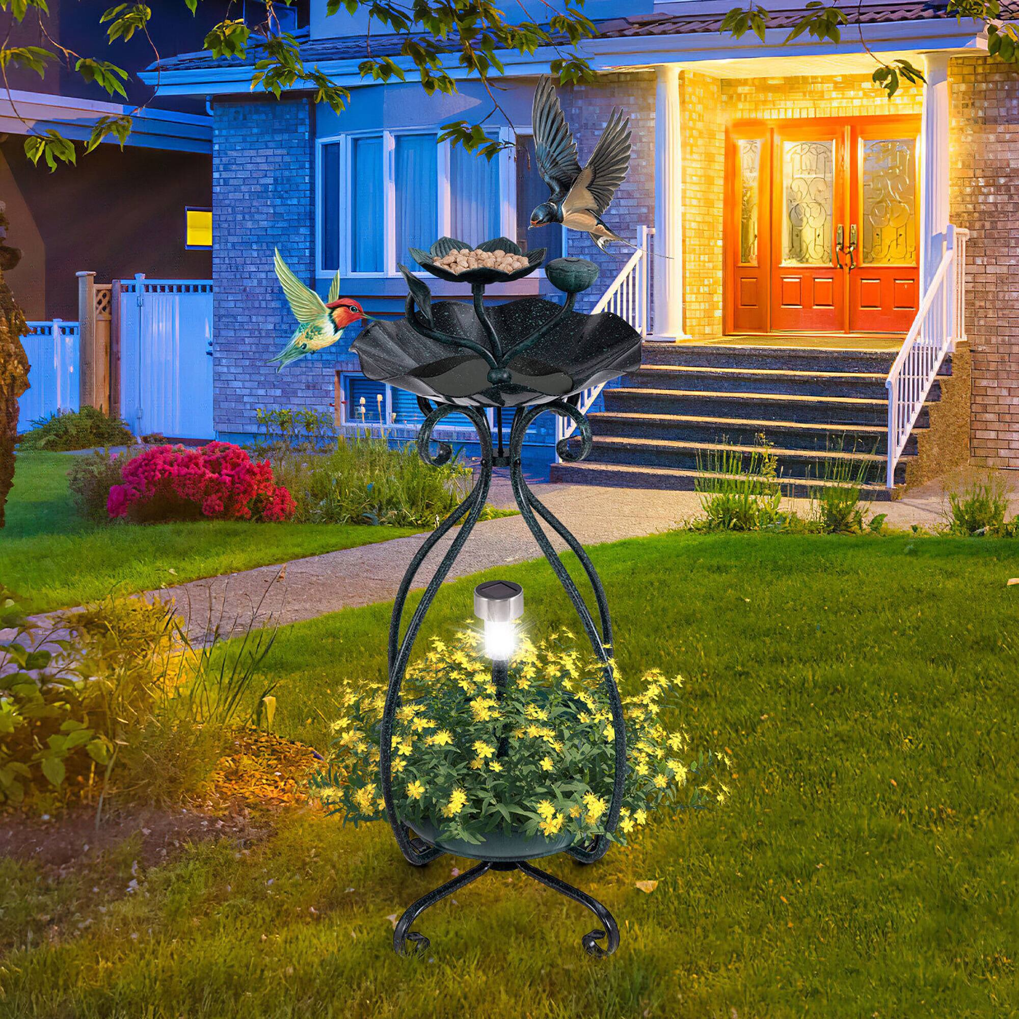 Alt View 3. Gymax - Gymax Solar Outdoor Bird Bath & Feeder Combo w/ Flower Planter Pedestal & Solar Lights Bronze - Bronze.
