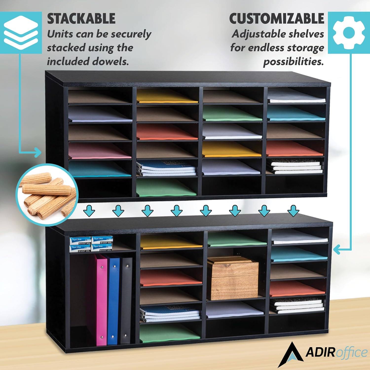STACKABLE Units can be securely stacked using the included dowels.

CUSTOMIZABLE Adjustable shelves for endless storage possibilities.

ADIRoffice