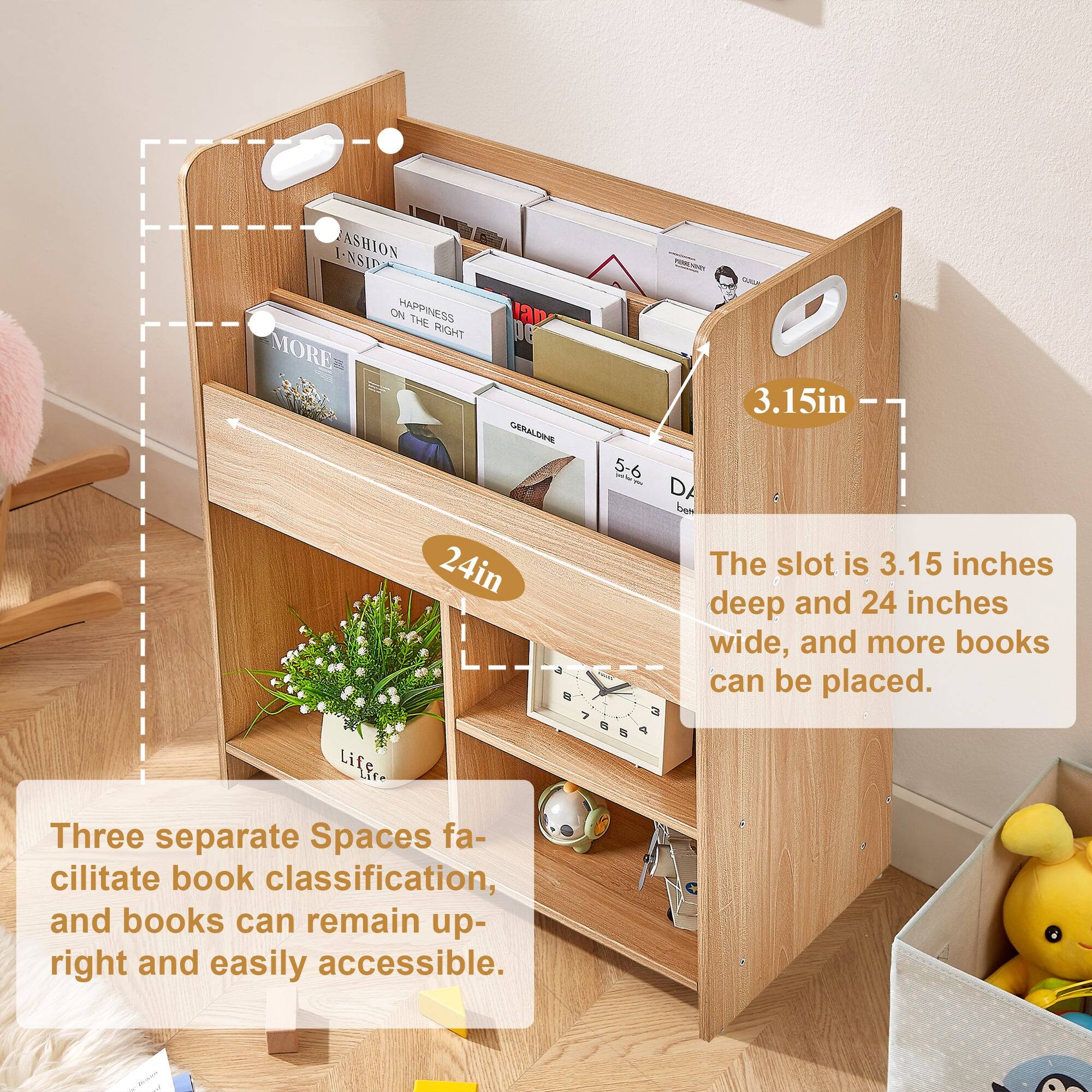 Three separate spaces facilitate book classification, and books can remain upright and easily accessible.

The slot is 3.15 inches deep and 24 inches wide, and more books can be placed.