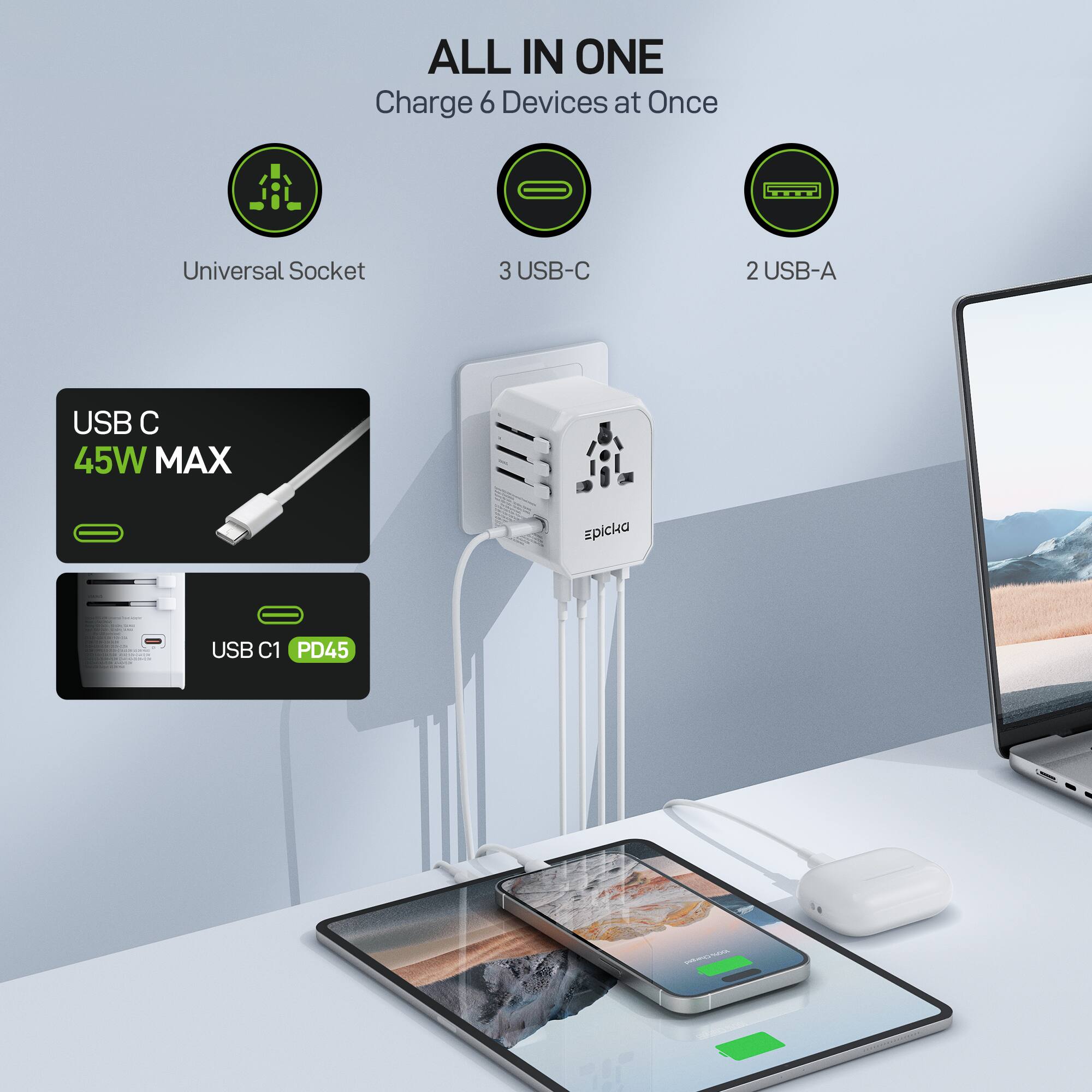 ALL IN ONE  
Charge 6 Devices at Once  
Universal Socket  
3 USB-C  
2 USB-A  
45W MAX  
USB C1 PD45