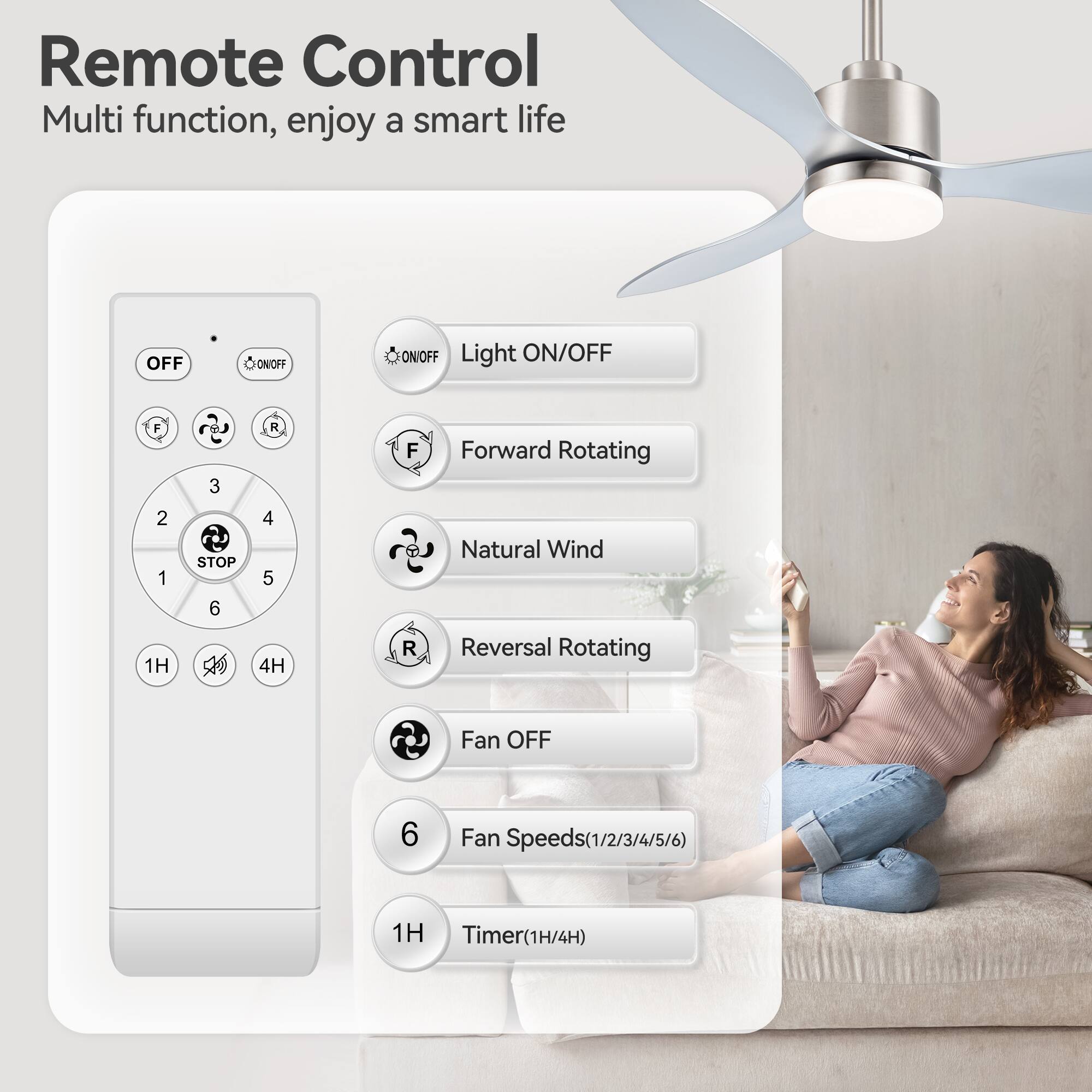 Remote Control Multi function, enjoy a smart life

- OFF
- ON/OFF
- Light ON/OFF
- Forward Rotating
- Natural Wind
- Reversal Rotating
- STOP
- Fan OFF
- Fan Speeds (1/2/3/4/5/6)
- Timer (1H/4H)