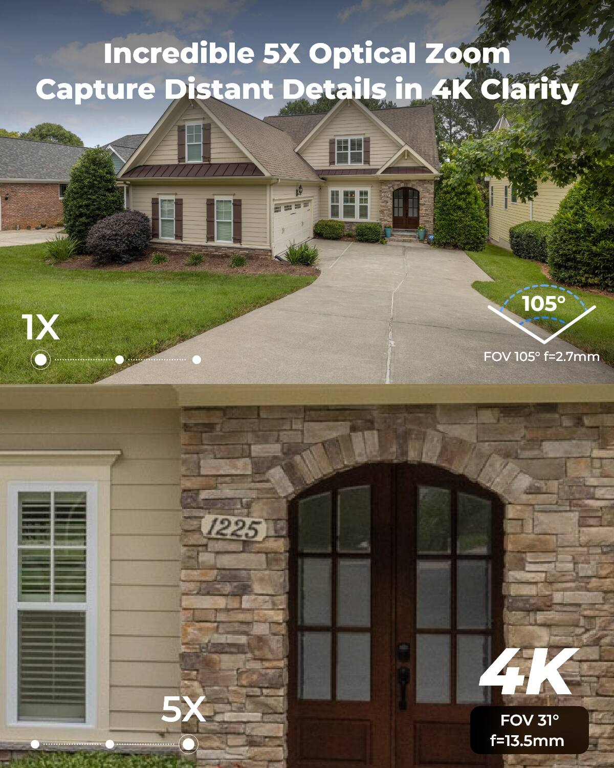Incredible 5X Optical Zoom Capture Distant Details in 4K Clarity

1X
105° FOV f=2.7mm

5X
4K FOV 31° f=13.5mm