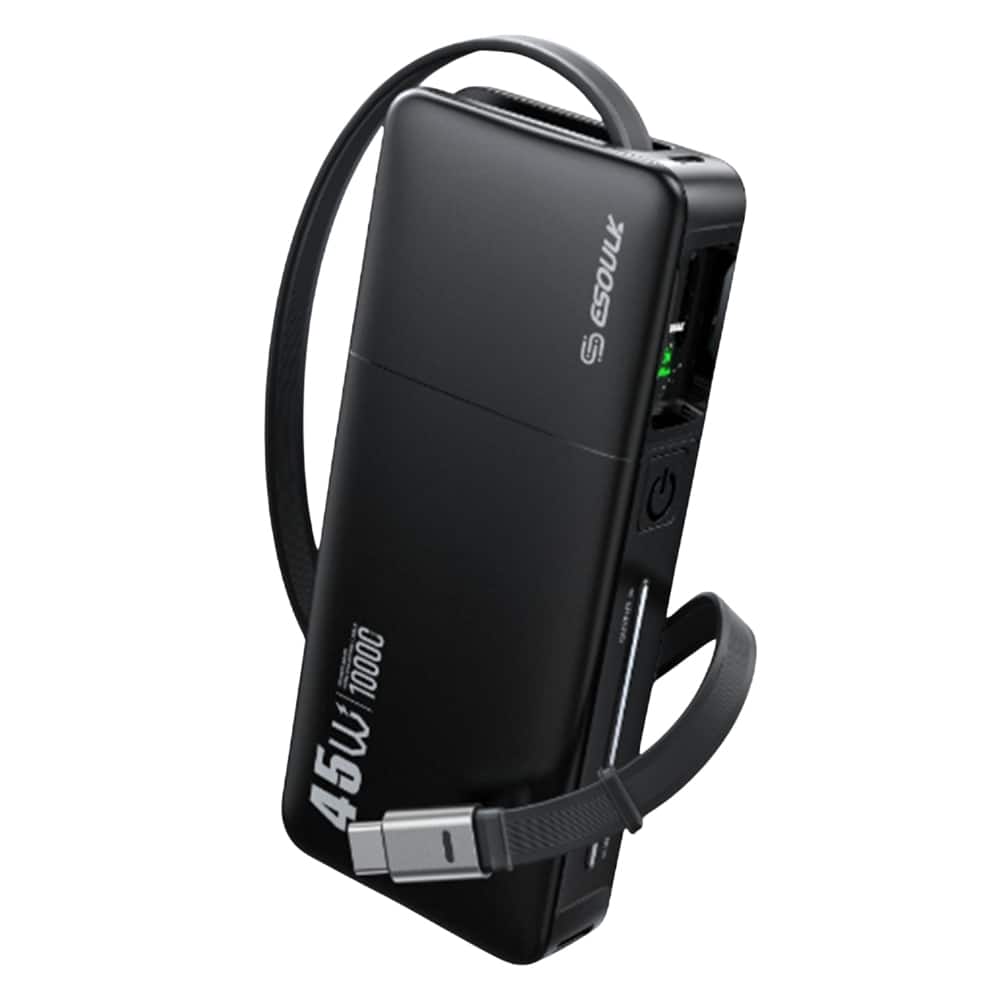 Esoulk - 10000mAh PD 45W Power Bank Built-in Retractable Charger USB-C Cable Compatible with iPhone 17 Pro Max - Black