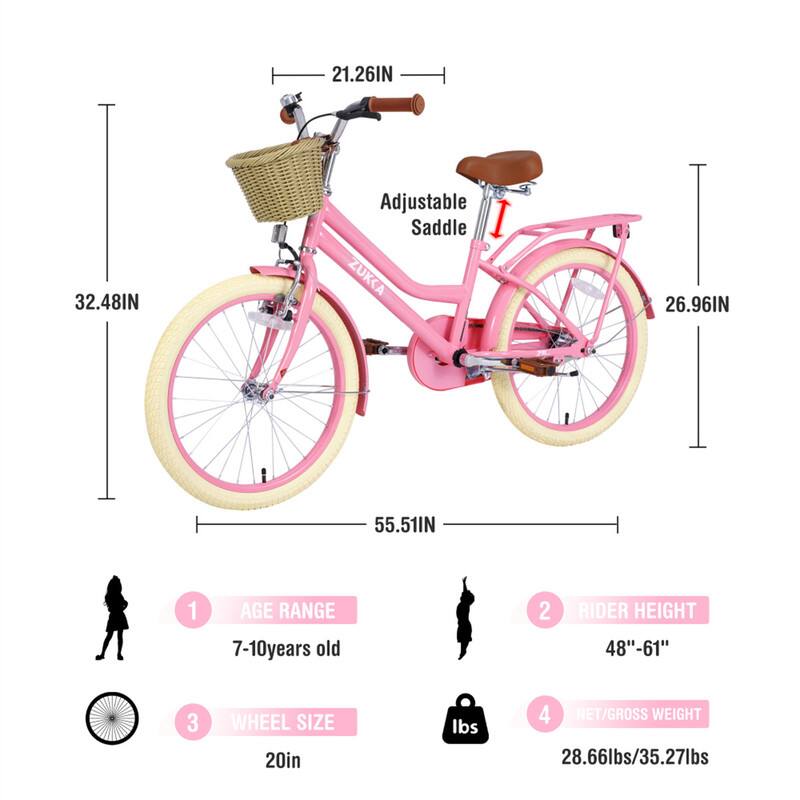 21.26IN  
32.48IN Adjustable Saddle  
26.96IN  
55.51IN  

1 AGE RANGE  
7-10 years old  

2 RIDER HEIGHT  
48"-61"  

3 WHEEL SIZE  
20in  

4 NET/GROSS WEIGHT  
28.66lbs/35.27lbs