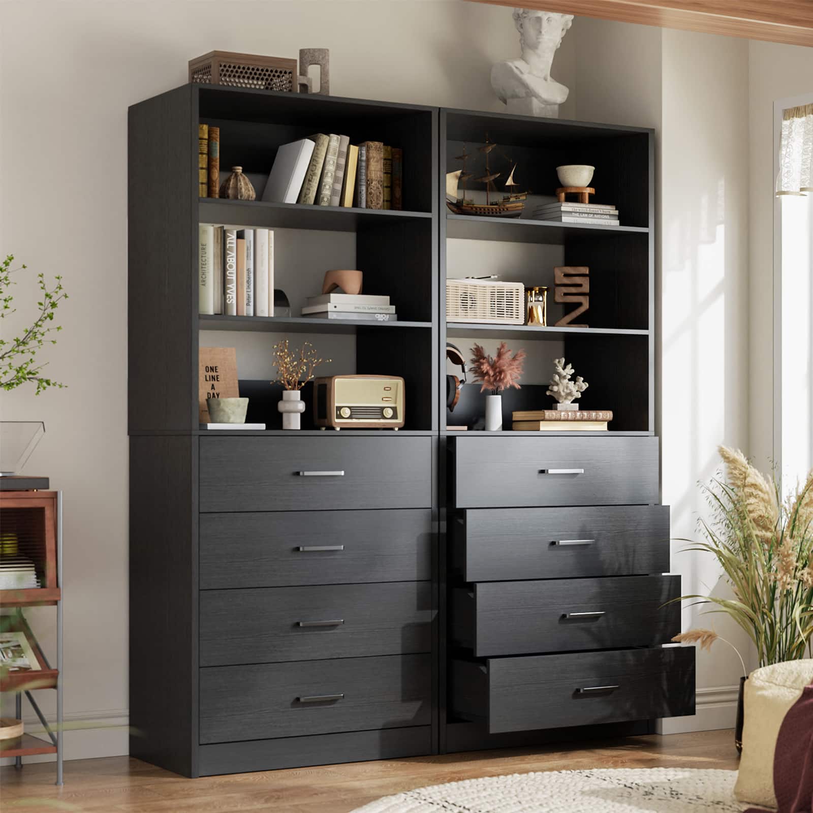 Aheaplus - 80'' Tall Bookcase with 8 Wooden Drawers, 42.5'' Wide Storage Unit with 4 Shelves, 2-Piece Set - Black