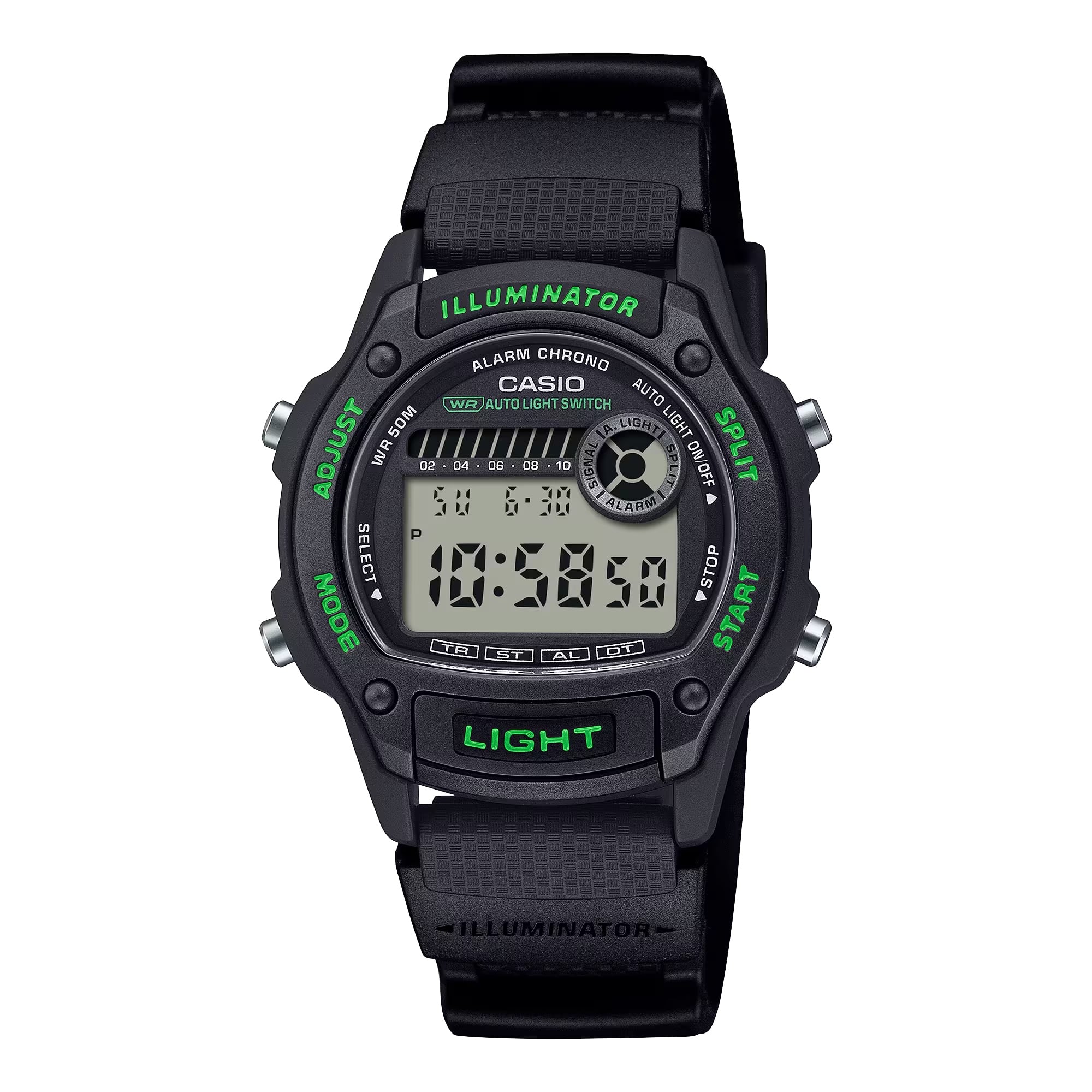 Casio - Men’s Digital Watch with Green Accents - W-220H-1A3VCF - Black