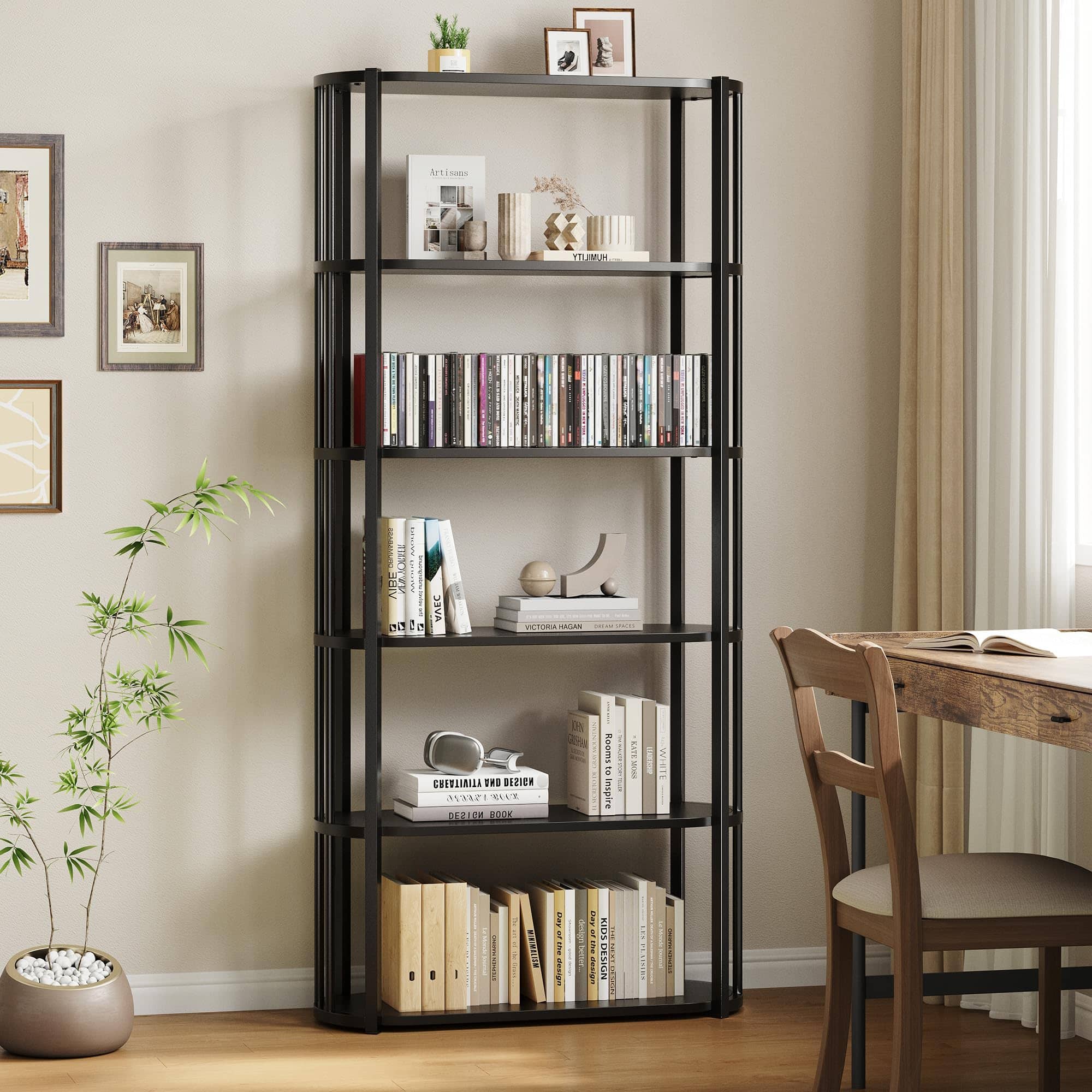 Babevy - 71" Tall 6-Tier Industrial Bookshelf, Metal Frame Freestanding Open Bookcase with Wooden Book Shelves - Black